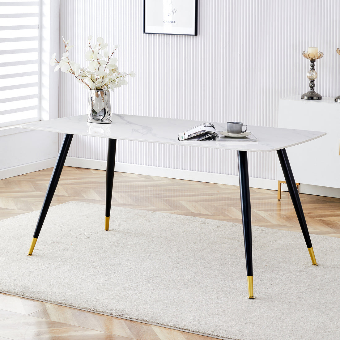 Modern Minimalist Dining Table. White Imitation Marble Pattern Sintered Stone Desktop With Black Metal Legs.62.2"*34.6"*30" F 001 Black Gold Sintered Stone