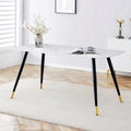 Modern Minimalist Dining Table. White Imitation Marble Pattern Sintered Stone Desktop With Black Metal Legs.62.2