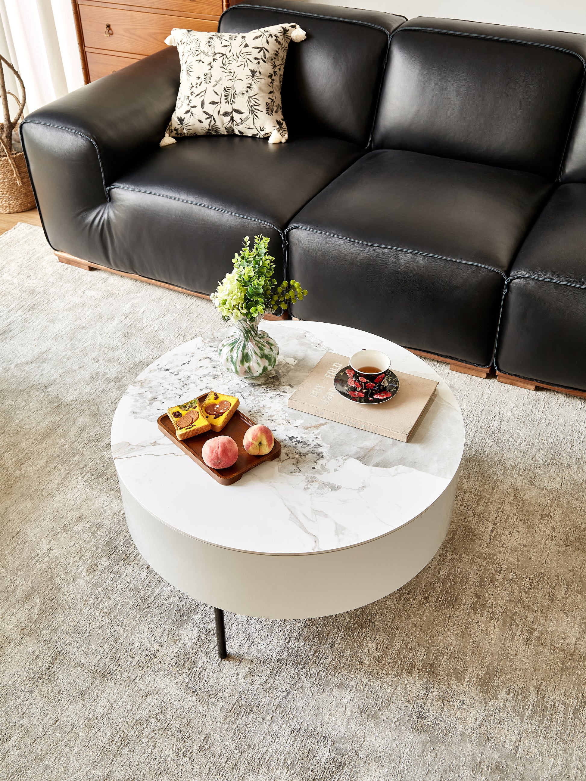 Modern Round White & Reall Wood Color Coffee Table With Drawers And Metal Legs,Drum Coffee Table With Golden Legs Circular Center Table With Ceramic Pattern Top For Living Room Apartment Office White White Natural Ceramic Mdf