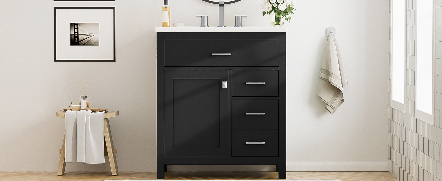 30 Inch Black Bathroom Vanity With Ceramic Sink And Large Storage Ideal Choice For Small Bathrooms Black Bathroom Solid Wood Mdf