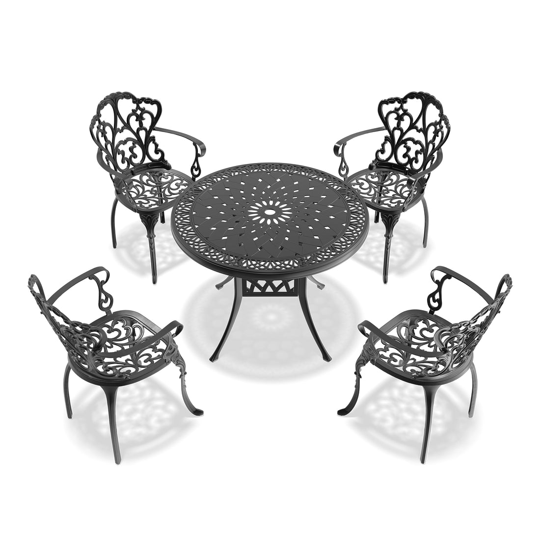 Cushions In Random Colors 5 Piece Set Of Cast Aluminum Patio Furniture With Cushions Yes Dining Set Black Seats 4 Rust Resistant Frame Water Resistant Cushion Garden & Outdoor Complete Patio Sets