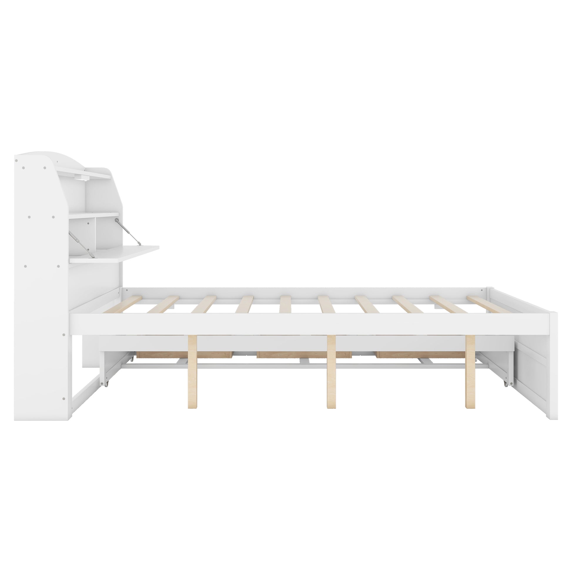 Full Size Wooden Led Platform Bed With Trundle, With Storage Headboard, With Drawers, White Full White Plywood