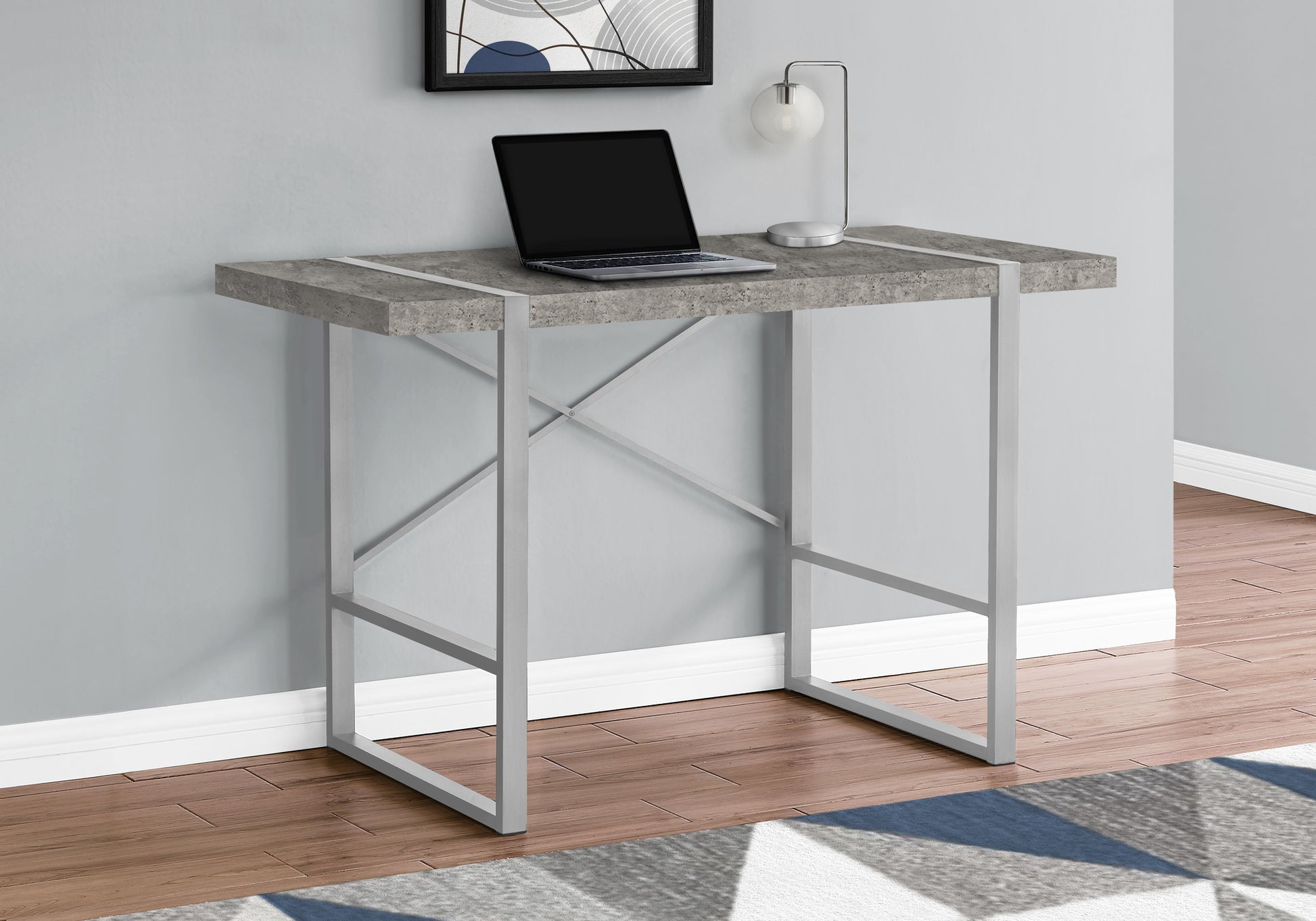 Computer Desk, Home Office, Laptop, 48"L, Work, Grey Concrete Laminate, Grey Metal, Contemporary, Modern Grey Particle Board