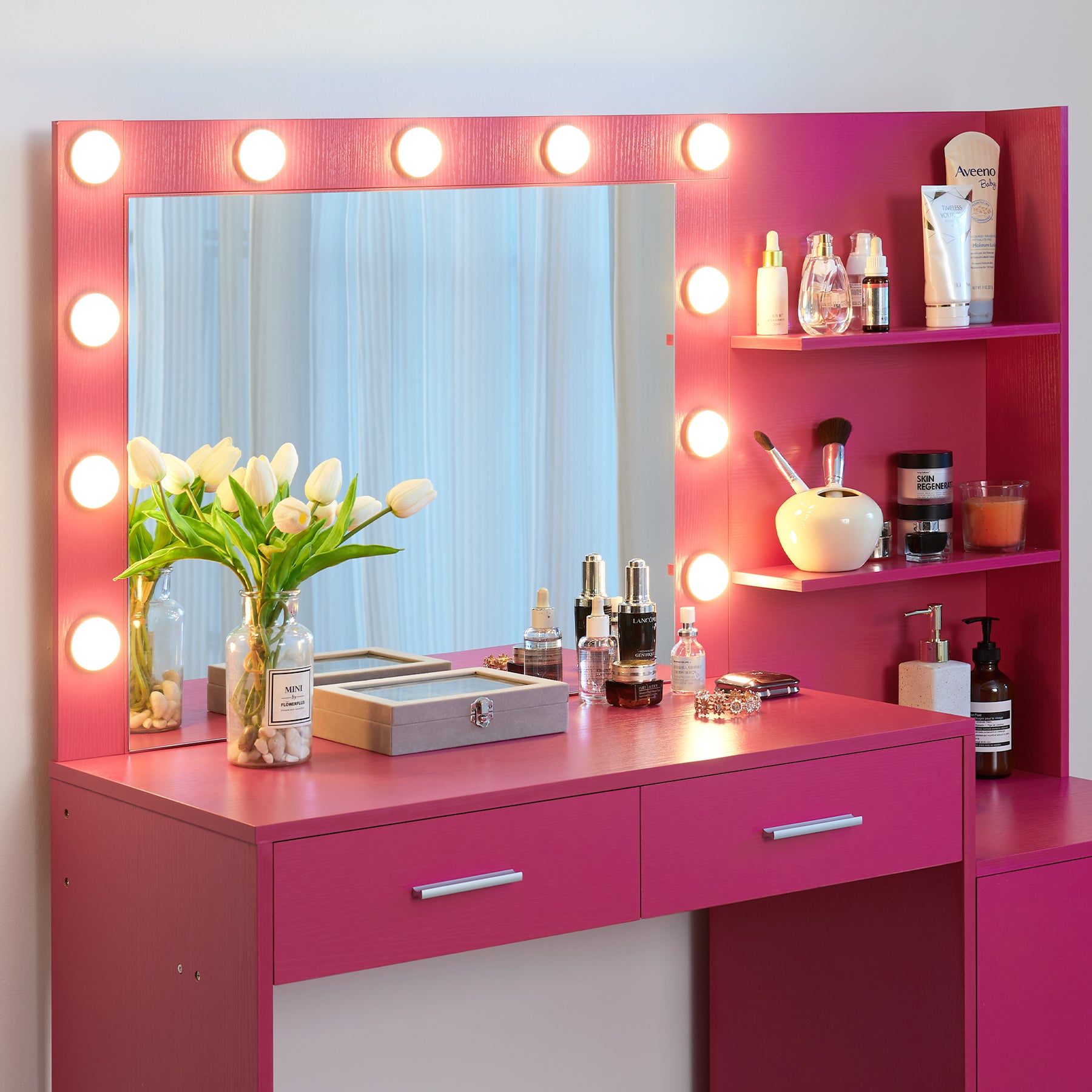 pink dressing table with mirror and lights FUFU&GAGA 5-Drawers Pink Makeup Vanity Sets Dressing Table Sets with Stool, Mirror, LED Light and 3-Tier Storage Shelves