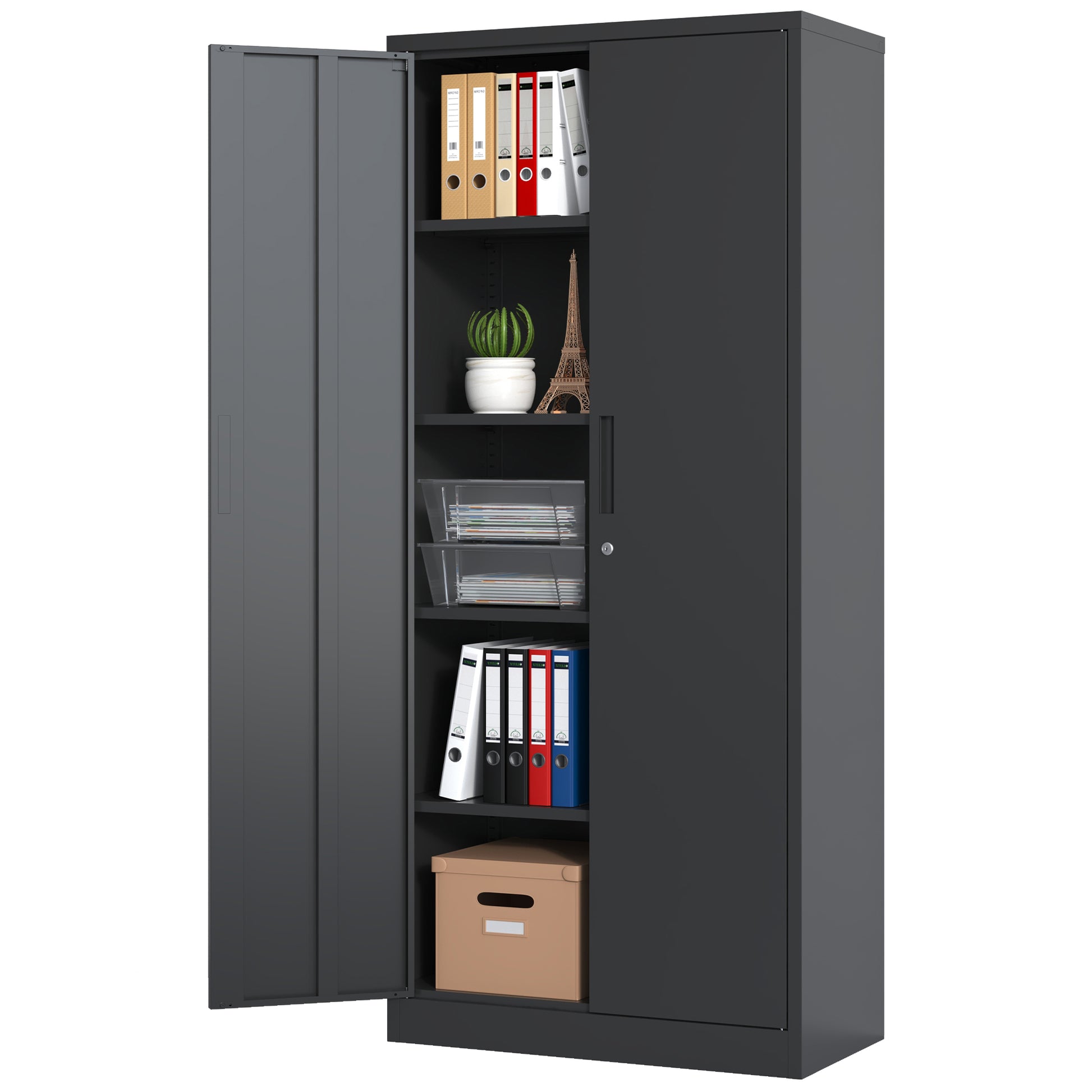 72"H Metal Garage Storage Cabinet, Black Tool Steel Locking Cabinet With Doors And 4 Shelves, Tall Cabinets For Garage Storage Systems Lockable File Cabinet For Home Office, Classroom Pantry Filing Cabinets 3 4 Shelves Black Office Adjustable Shelves