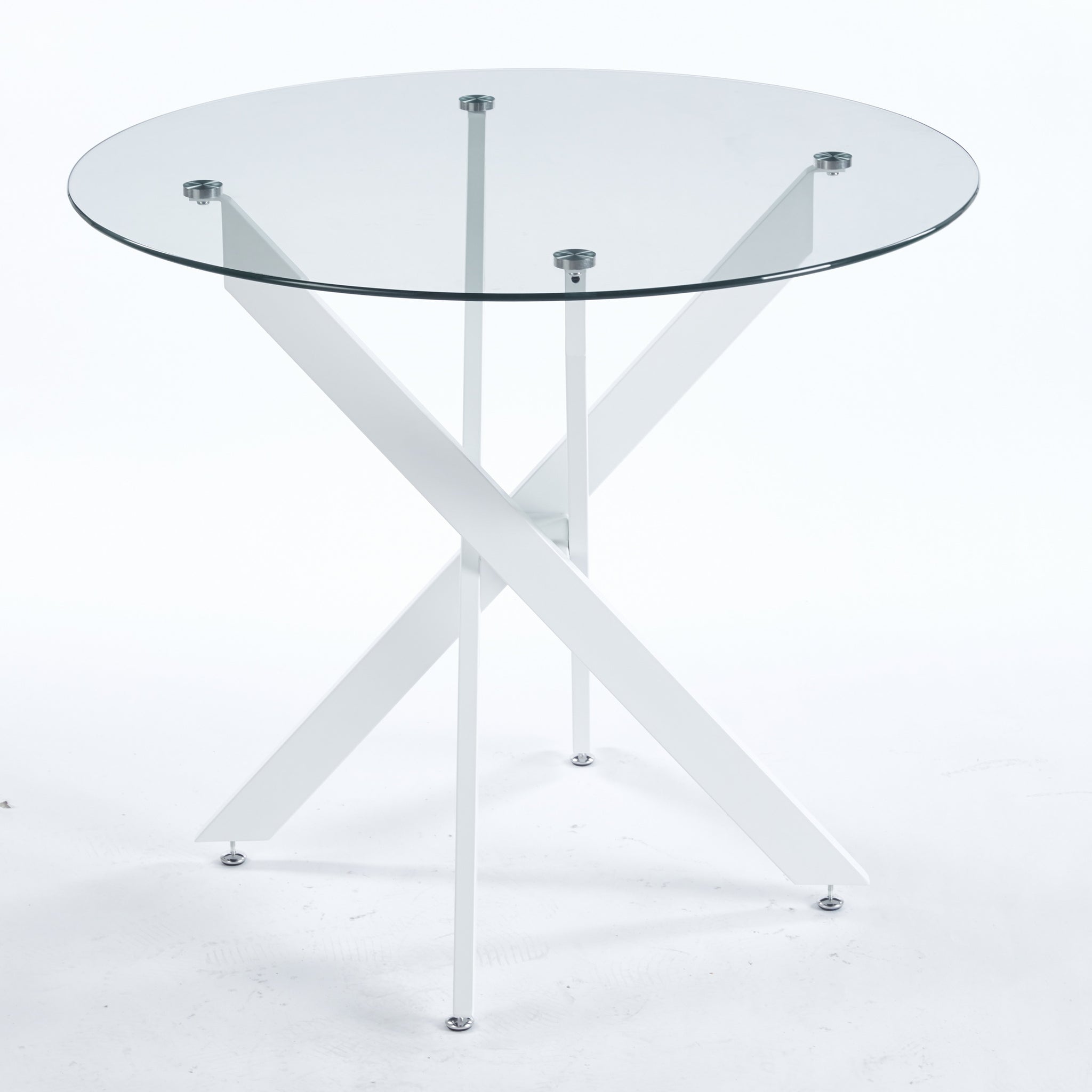 Dining Table With Cross Metal Leg And Tempered Glass,Modern Space Saving Kitchen Table For Living Room,White Legs,90X90X75Cm White Glass Metal