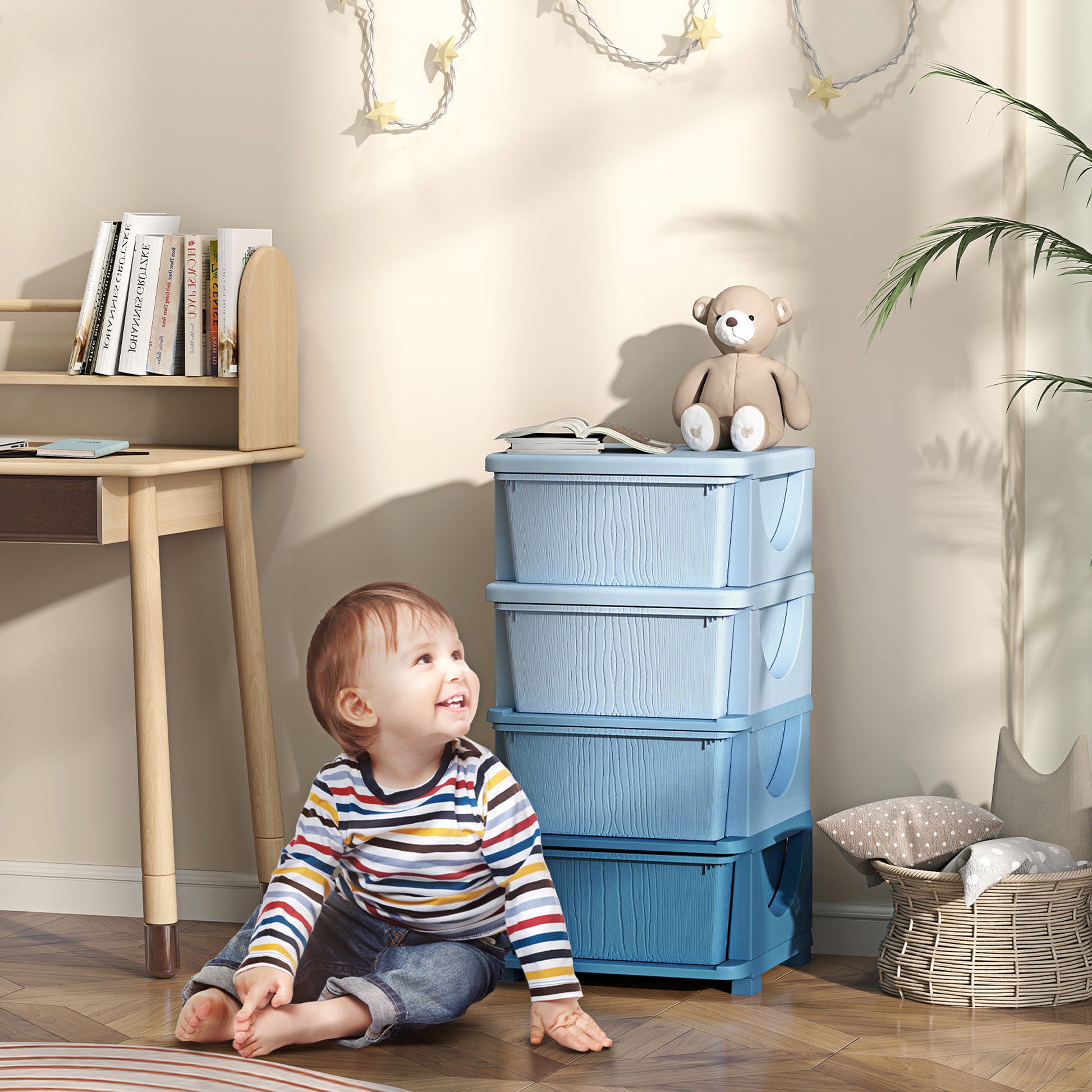 Qaba 4 Tier Kids Storage Unit, 4 Drawer Chest Toy Organizer Plastic Bins For Kids Bedroom Nursery Kindergarten Living Room For Boys Girls Toddlers, Blue Blue Plastic