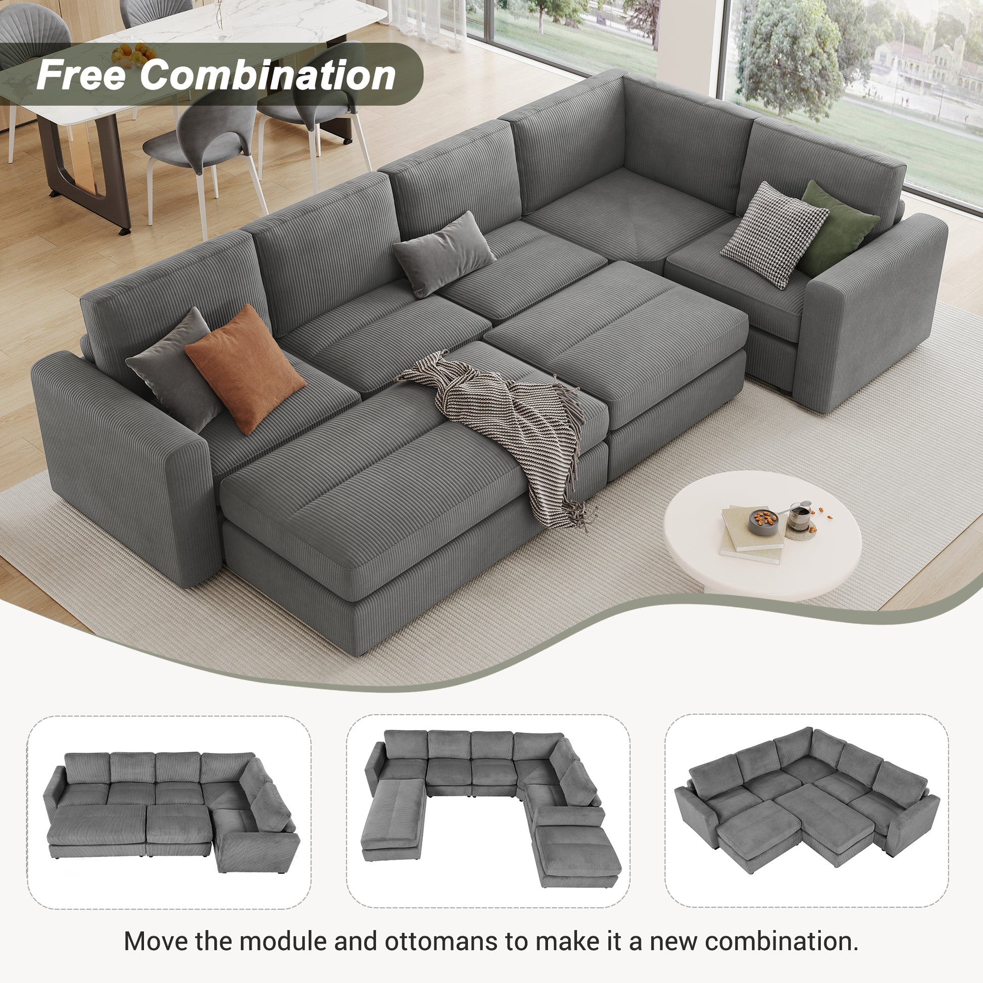 121.3" Sectional Couch Sofa Bed Modular Sofa With Two Movable Ottomans For Living Room Old Sku:N719S001640E , Gray Gray Foam Corduroy 7 Seat