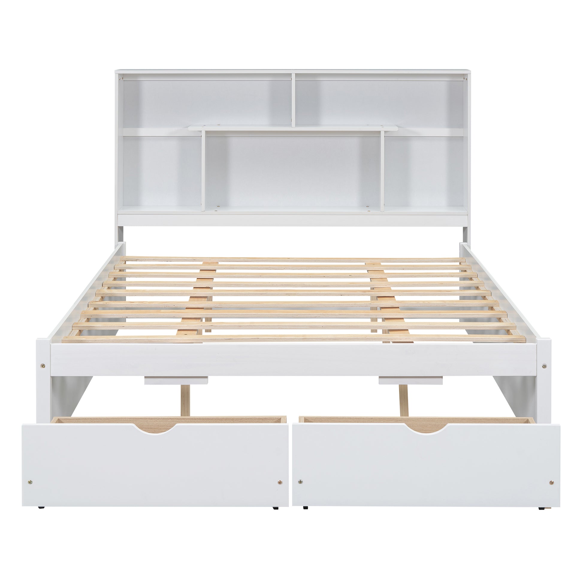 Queen Size Platform Bed With Storage Headboard And 2 Drawers, White Box Spring Not Required Queen White Wood Bedroom Bed Frame Solid Wood Mdf