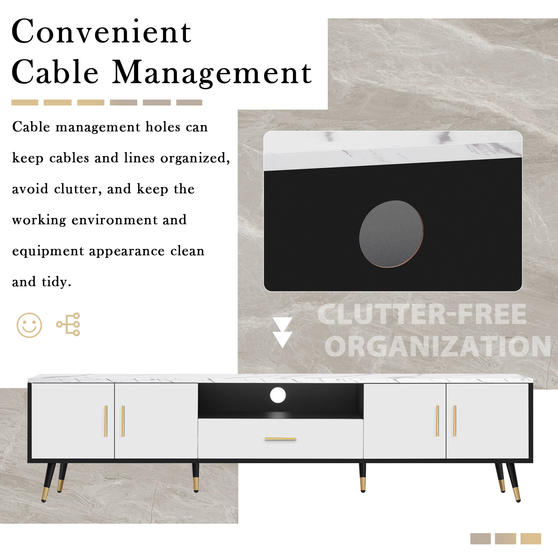 71'' Modern Tv Stand With 2 Cabinets& Open Compartments, Entertainment Center For Tvs Up To 80'', Television Console For Living Room, Bedroom, Home Theatre White Black Primary Living Space 70 79