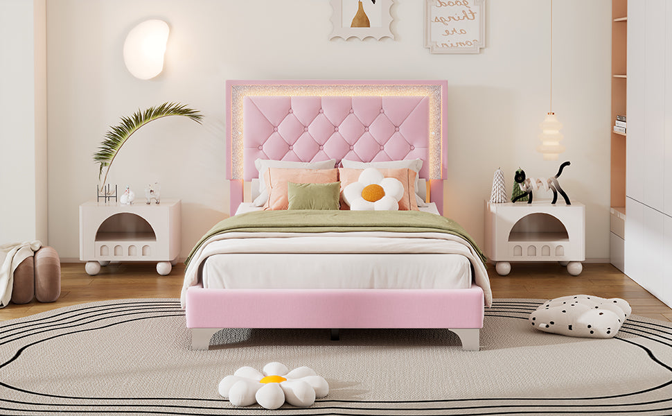 Twin Size Upholstered Bed Frame With Led Lights,Modern Velvet Platform Bed With Tufted Headboard,Pink Twin Pink Velvet