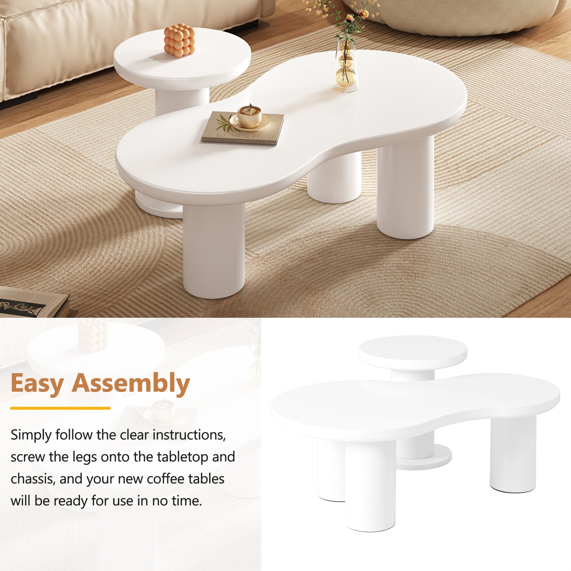 Easy Assembly Nesting Coffee Table Set Of 2, Cream Style Cloud Coffee Table With Round Small Side Table, Irregular Center Table With Thick Legs For Living Room, White, 39.3''X 13.7'', 15.7'' White