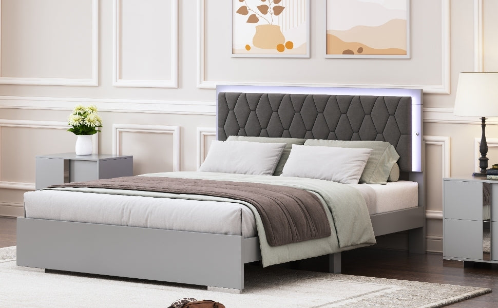 Queen Size Upholstered Bed With Led Lights,Modern Platform Bed With Velvet Headboard,Grey Queen Grey Mdf