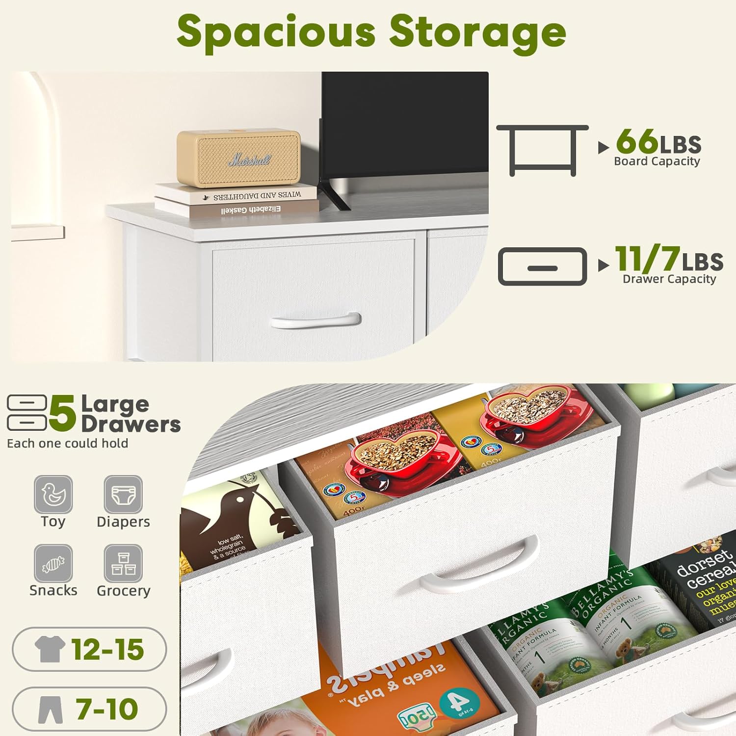 5 Drawers Dresser For Bedroom, Kidsroom Furniture, Wide Chest Of Drawers, Storage Organizer Units With Fabric Bins For Closet, White, Metal Frame, Waterproof Wood Top, Adjustable Feet White Wood