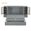 Queen Size Murphy Bed Wall Bed With Drawer And Rattan Decoration With 2 Storage Cabinets, One Set Of Sockets & Usb Ports, Pulley Structure Design, Gray Queen Gray Plywood
