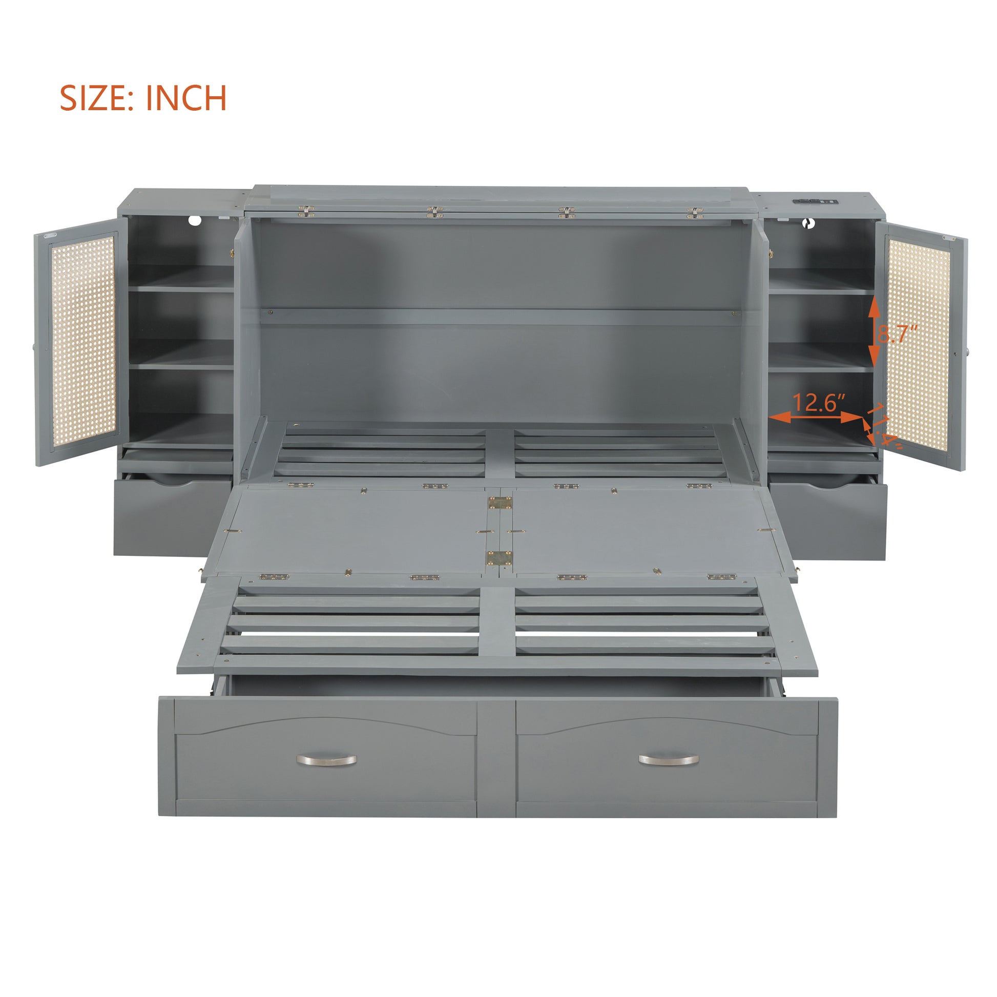 Queen Size Murphy Bed Wall Bed With Drawer And Rattan Decoration With 2 Storage Cabinets, One Set Of Sockets & Usb Ports, Pulley Structure Design, Gray Queen Gray Plywood