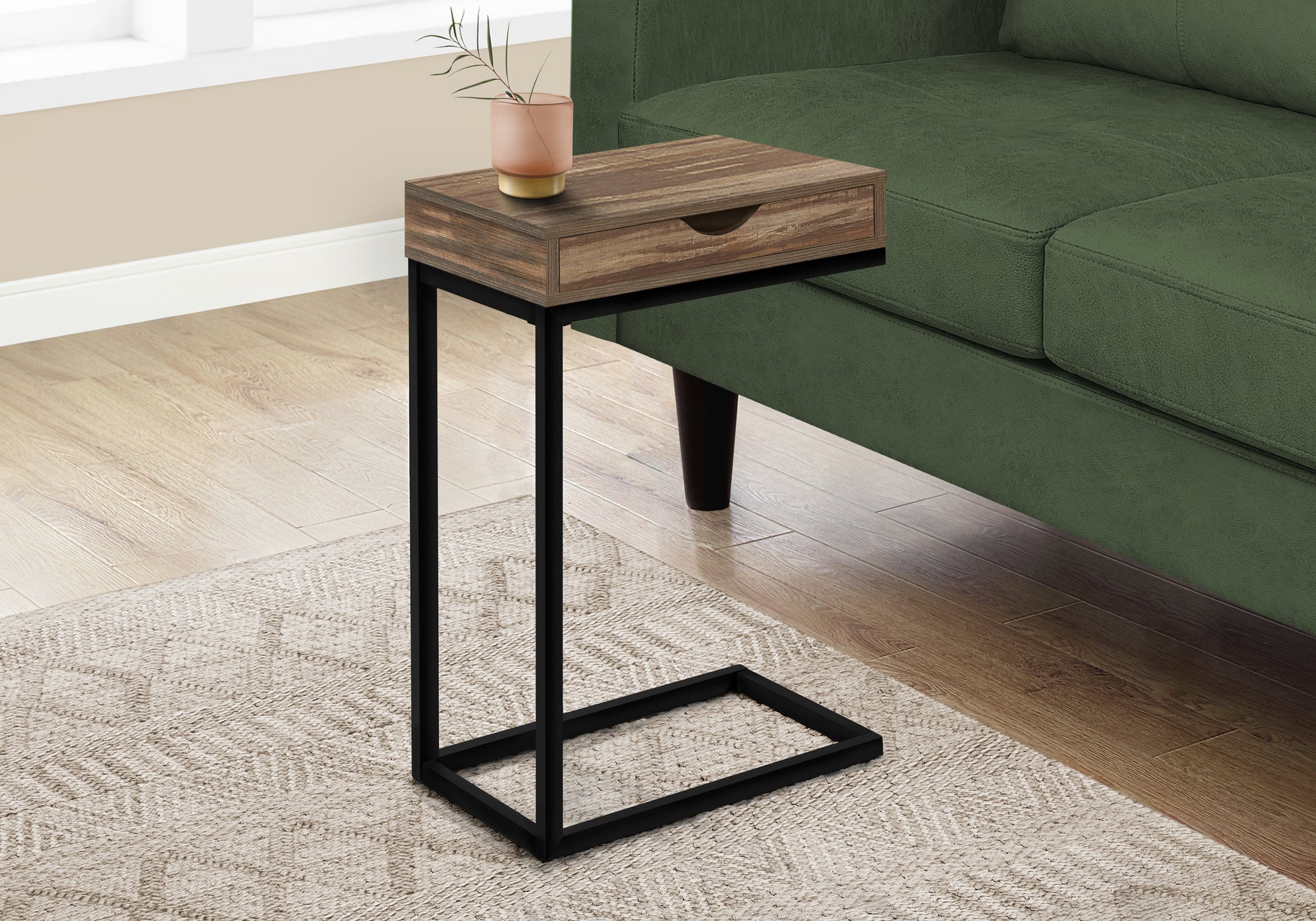 Accent Table, C Shaped, End, Side, Snack, Storage Drawer, Living Room, Bedroom, Brown Laminate, Black Metal, Contemporary, Modern Brown Metal