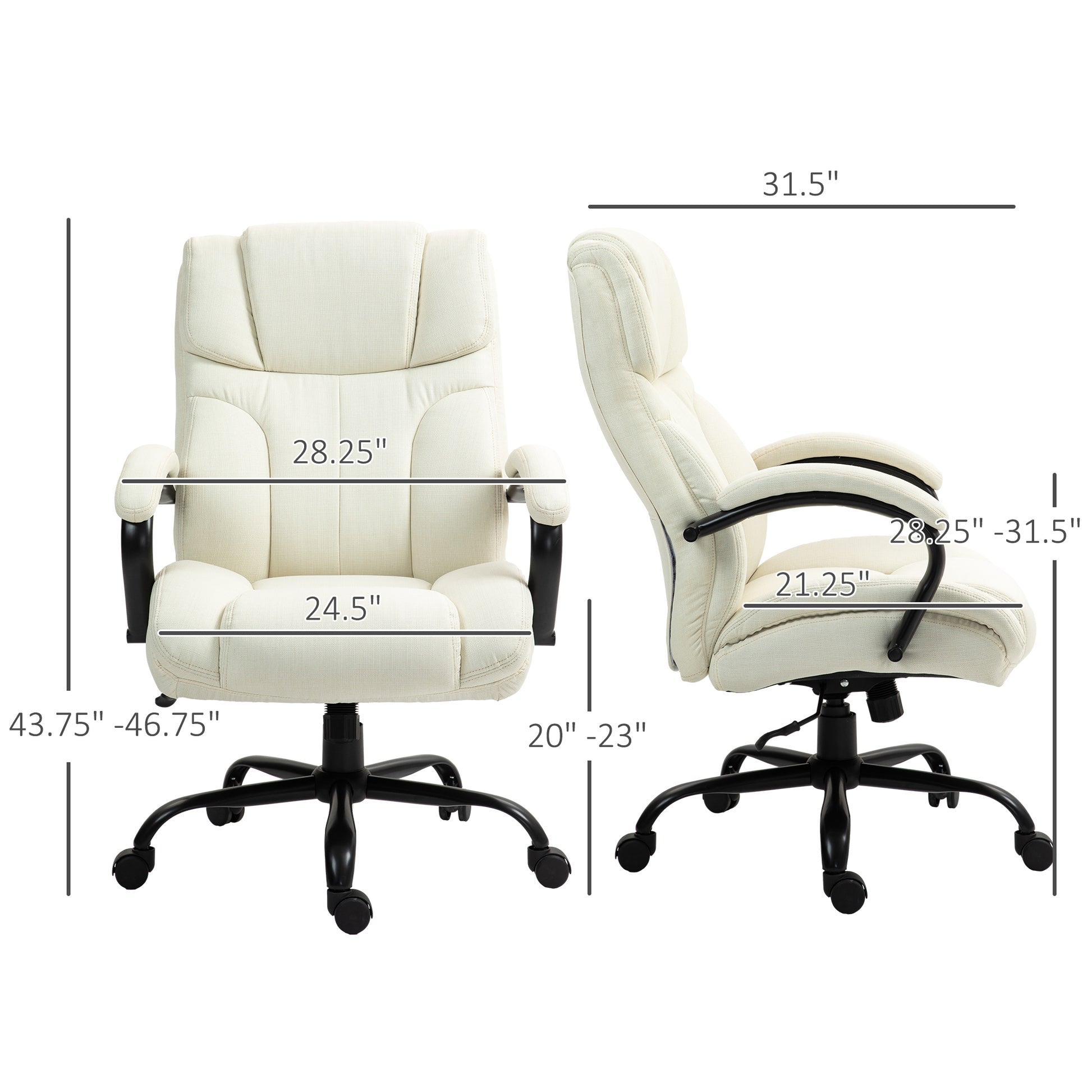 Vinsetto 500Lbs Big And Tall Office Chair With Wide Seat, Executive Computer Chair With Adjustable Height, Swivel Wheels And Linen Finish, Cream White Cream White Linen