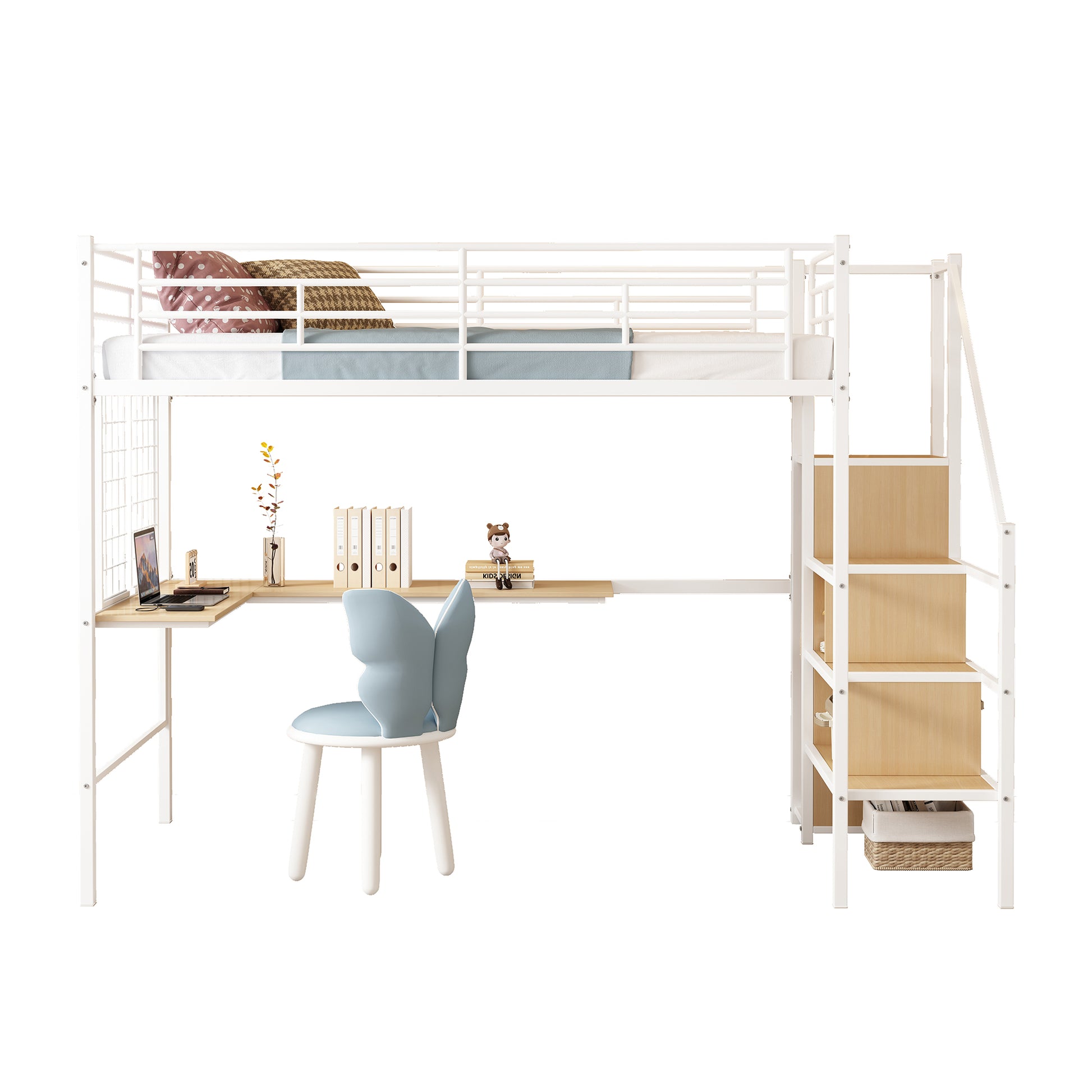 Twin Loft Bed With Desk And Storage Wardrobe, Heavy Duty Loft Bed With Stairs And Metal Grid, Twin Size Loft Bed, No Box Spring Needed, White Loft Bed Twin Size White Box Spring Not Required Twin