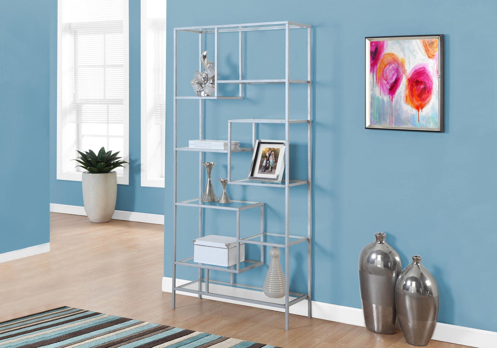 Bookshelf, Bookcase, Etagere, 72"H, Office, Bedroom, Clear Tempered Glass, Grey Metal, Contemporary, Modern Silver Tempered Glass