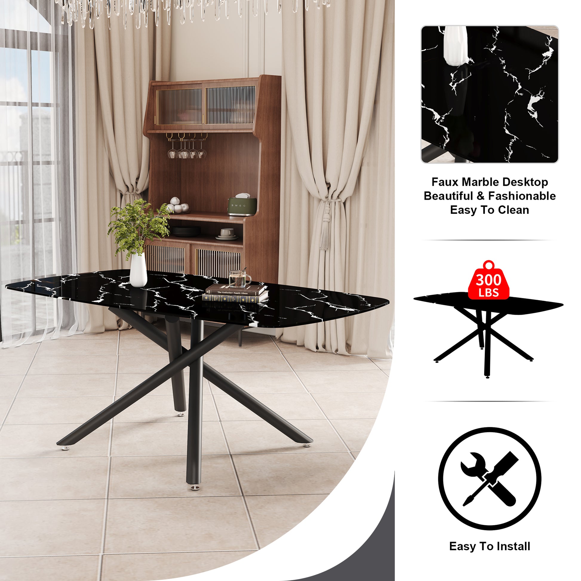 Large Modern Minimalist Rectangular Dining Table With 0.39 "Imitation Marble Black Tabletop And Black Metal Legs, Suitable For Kitchen, Dining Room, Living Room, Conference Room, And Banquet Hall 1537 Black Glass Metal