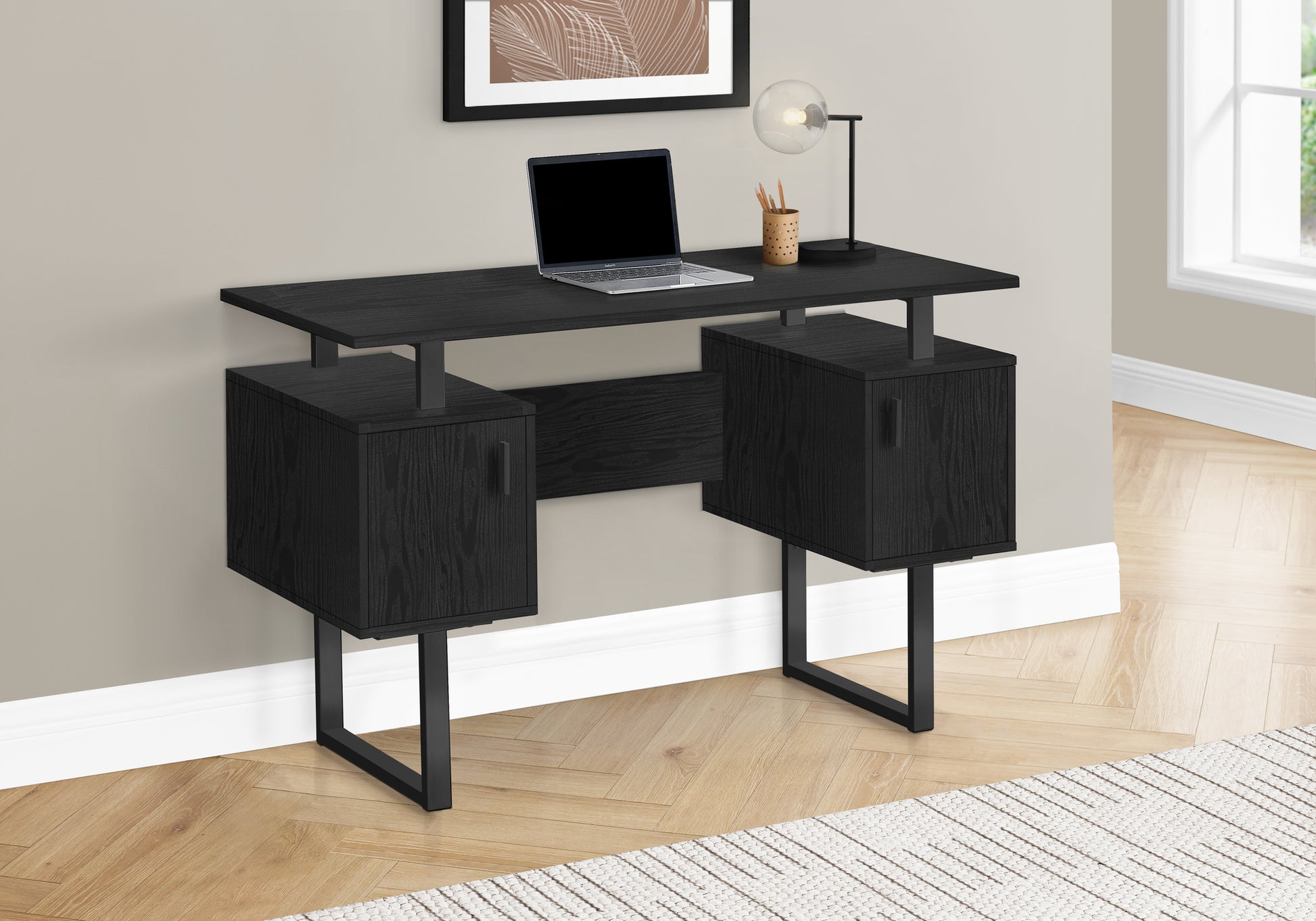 Computer Desk, Home Office, Laptop, Storage, 48"L, Work, Black Laminate, Black Metal, Contemporary, Modern Black Particle Board