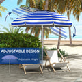 Outsunny 5.7' Portable Beach Umbrella With Tilt, Adjustable Height, 2 Cup Holders & Hooks, Uv 40 Ruffled Outdoor Umbrella With Vented Canopy, Blue White Stripe Colorful Polyester