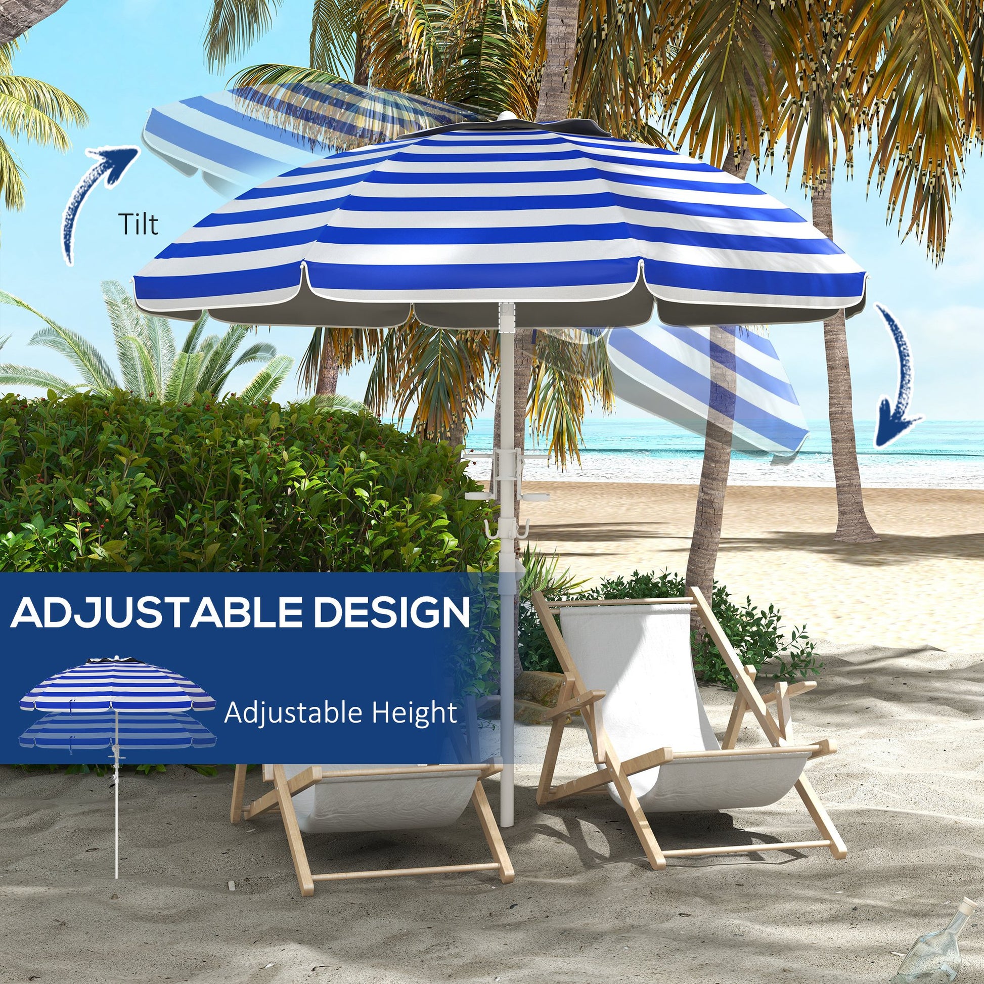 Outsunny 5.7' Portable Beach Umbrella With Tilt, Adjustable Height, 2 Cup Holders & Hooks, Uv 40 Ruffled Outdoor Umbrella With Vented Canopy, Blue White Stripe Colorful Polyester