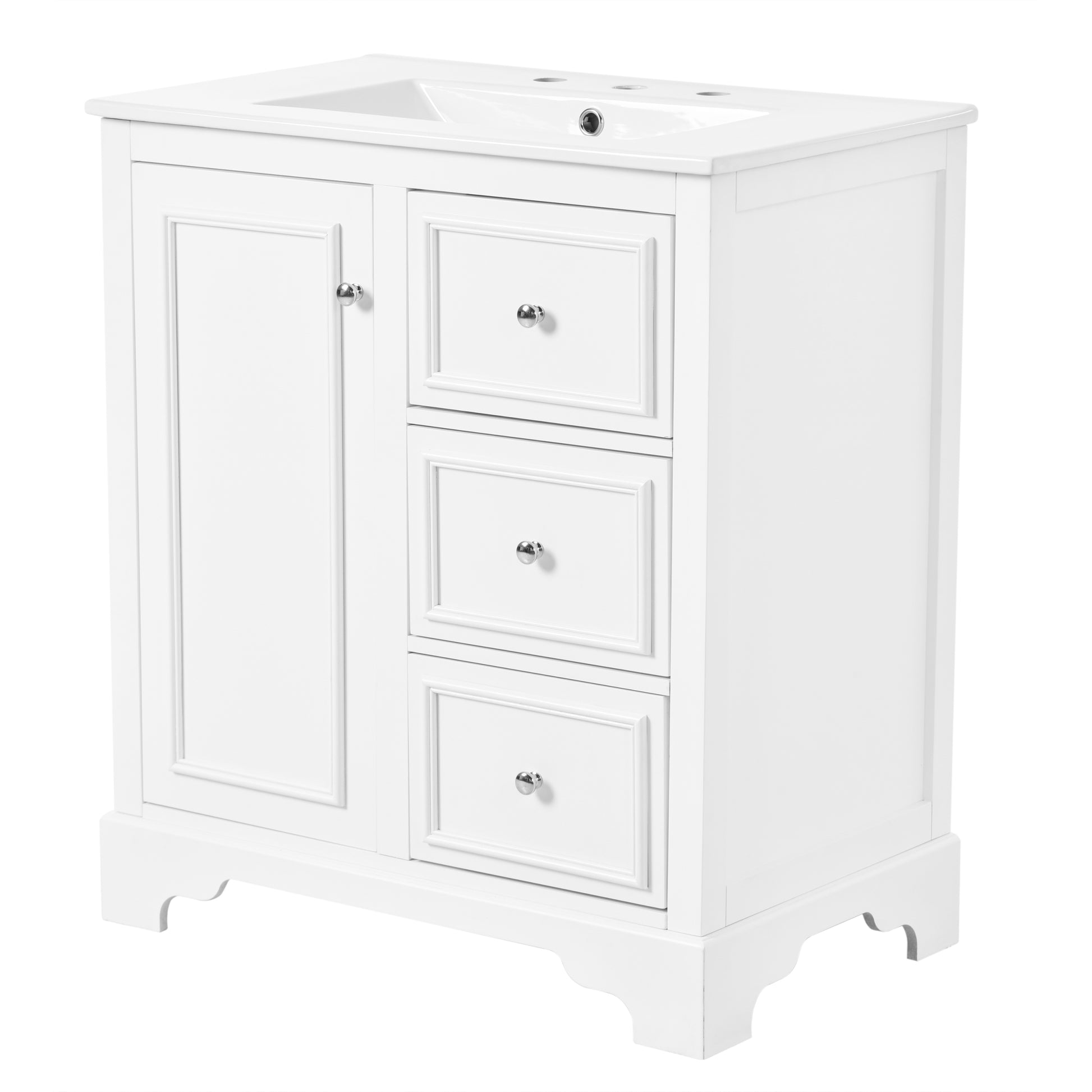 30 Inch Bathroom Vanity Cabinet With Ceramic Basin, 3 Drawers And Adjustable Shelves White Bathroom Solid Wood Mdf