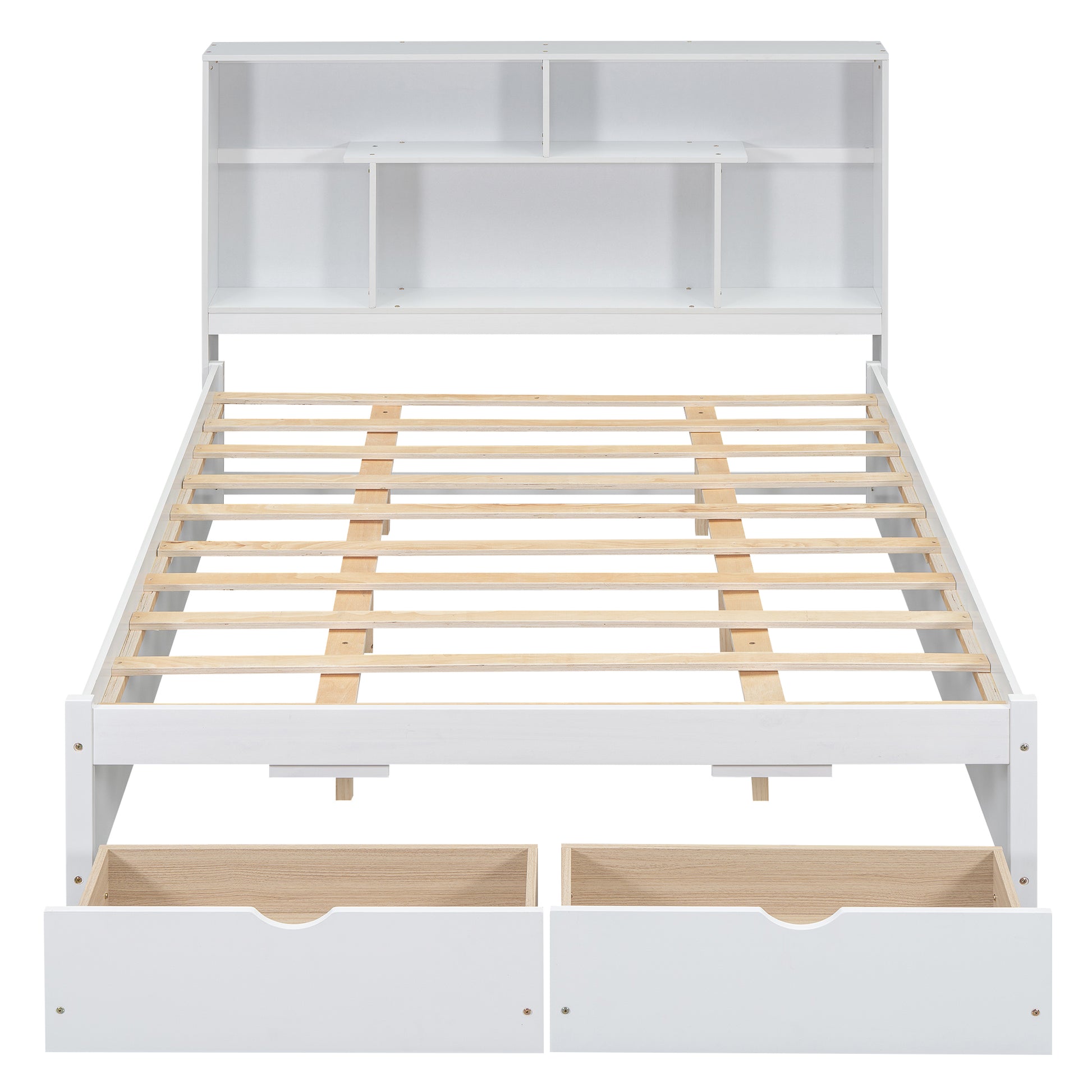 Queen Size Platform Bed With Storage Headboard And 2 Drawers, White Box Spring Not Required Queen White Wood Bedroom Bed Frame Solid Wood Mdf