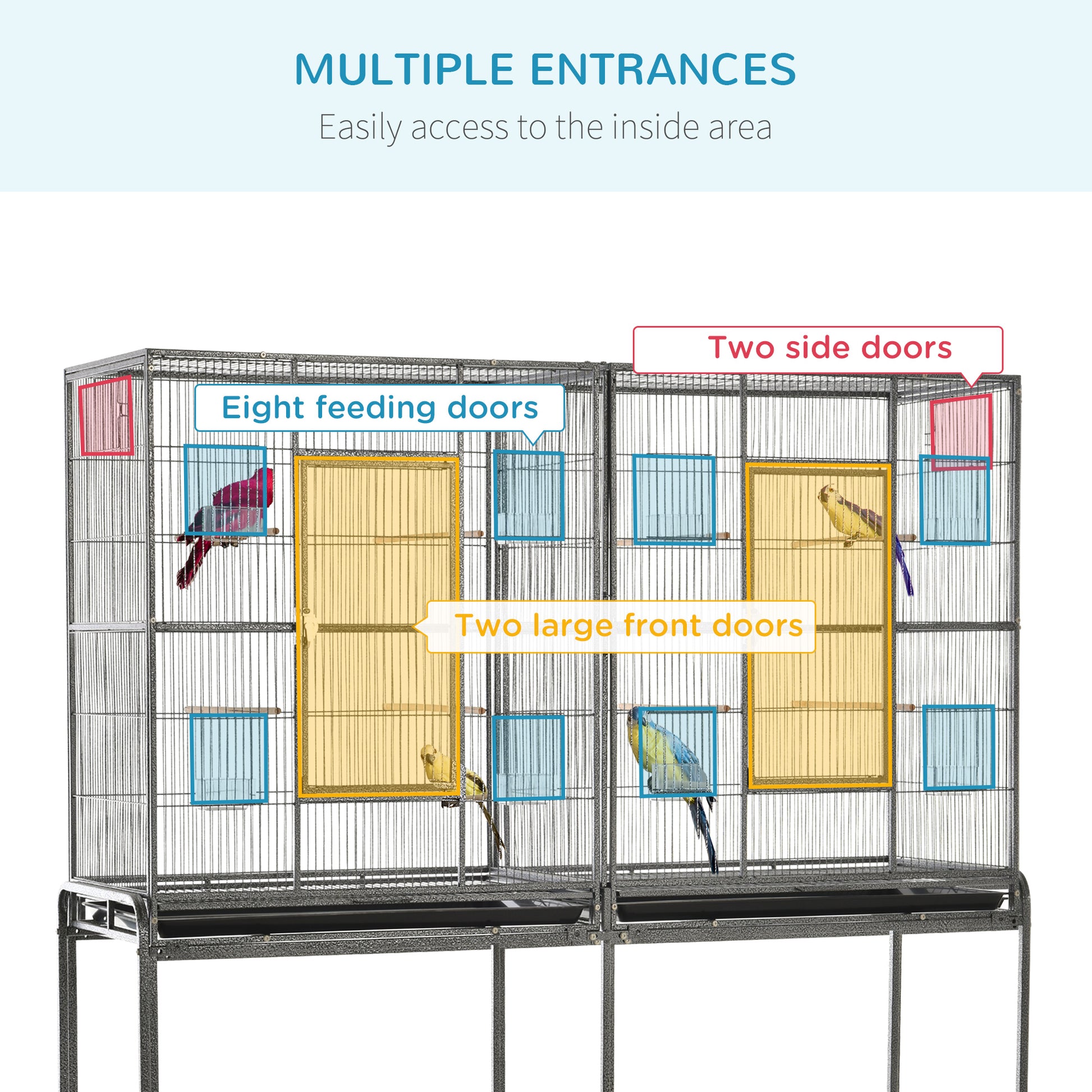 Pawhut 65" Double Rolling Metal Bird Cage Feeder With Detachable Rolling Stand, Storage Shelf, Wood Perch & Food Container Multicolor Wood