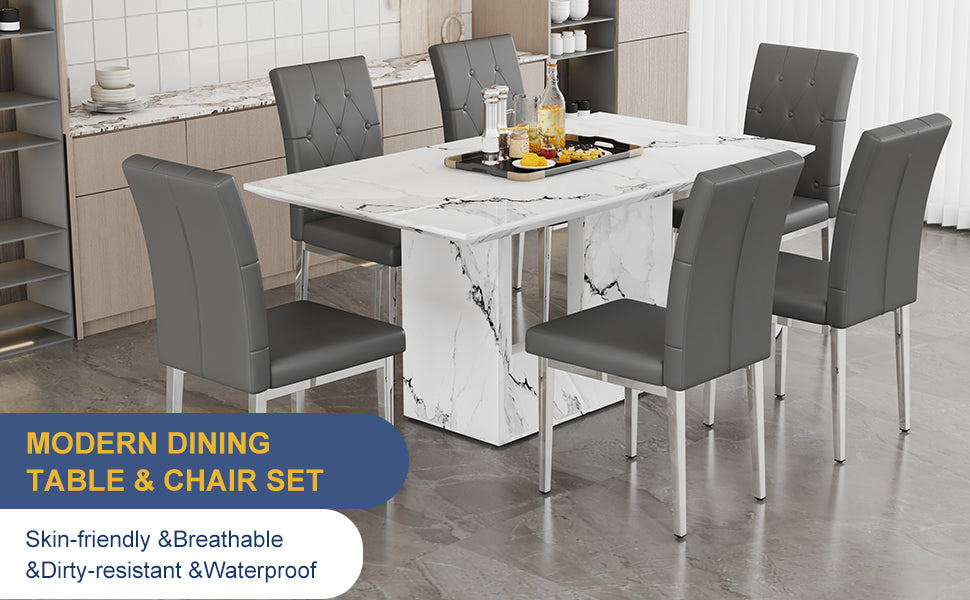 Table And Chair Set.63"X35.4" White Marble Patterned Mdf Dining Table Set With 6 Armless Dark Gray Pu Chairs.Showcasing A Modern And Stylish Look. Dark Gray,White Seats 6 Mdf Metal