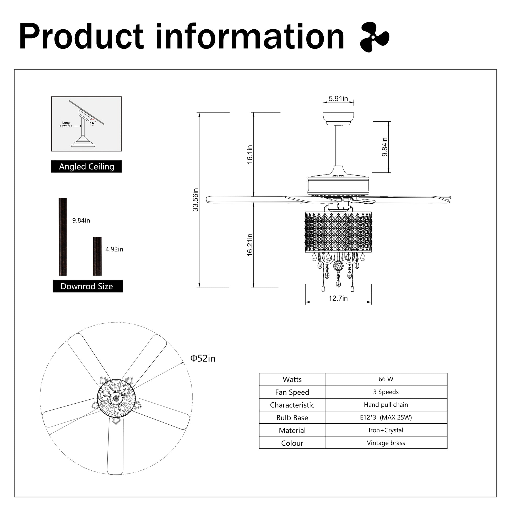 52'' Classical Crystal Ceiling Fan Lamp,3 Speed5 Reversible Blades For Living Room, Dining Room, Bedroom, Family Room, Rustic Bronze ,3Pcs*E12 No Include Bulb Hand Pull Chain Rustic Brown American Traditional,Antique,Classic,Contemporary Crystal Metal