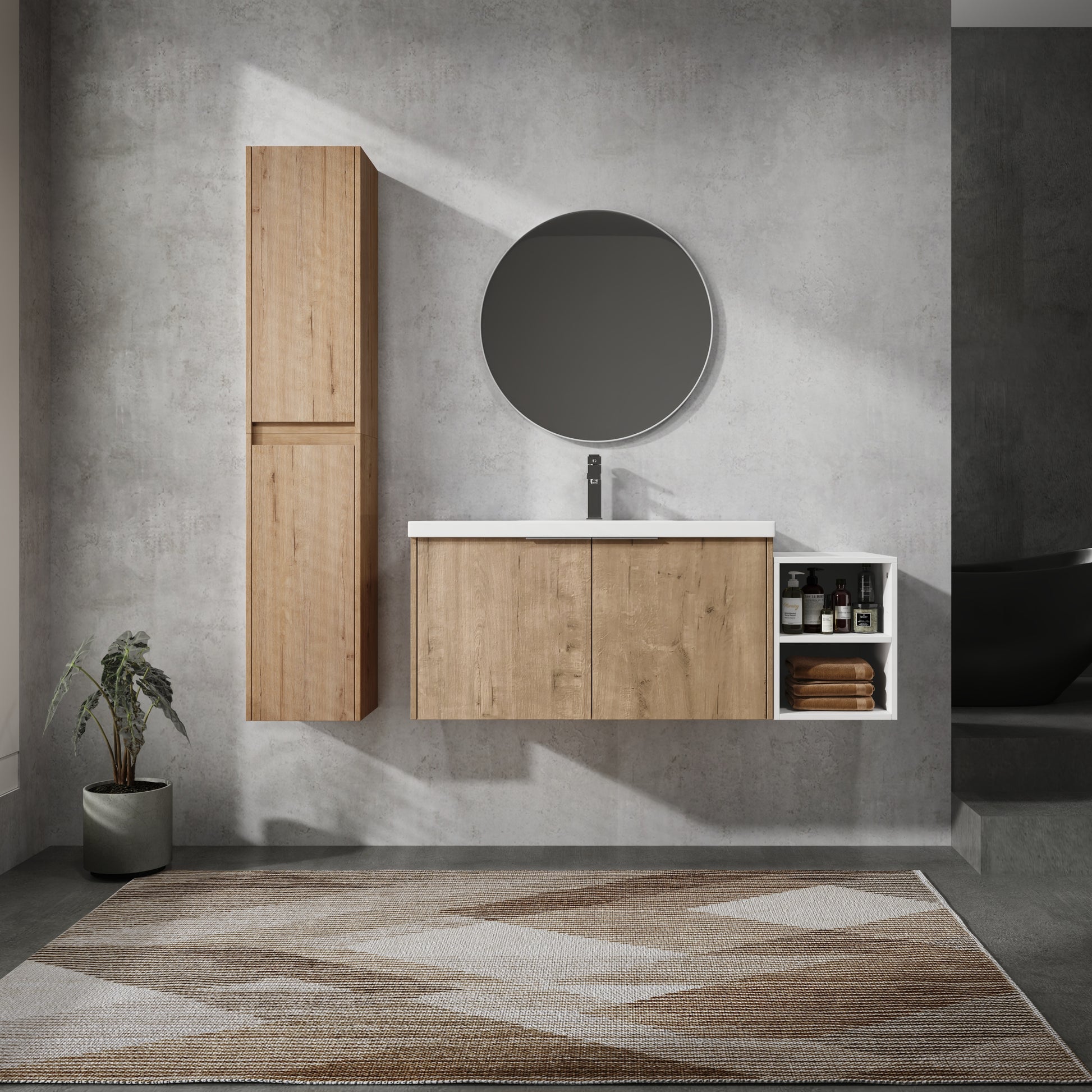 48" Wall Mounted Bathroom Vanity With Sink And Side Cabinet, Soft Close Doors,00112Imox2 0636Imo 0612Gwh Combination Cabinet Kd Packing Imitative Oak Bathroom Modern Plywood Plywood