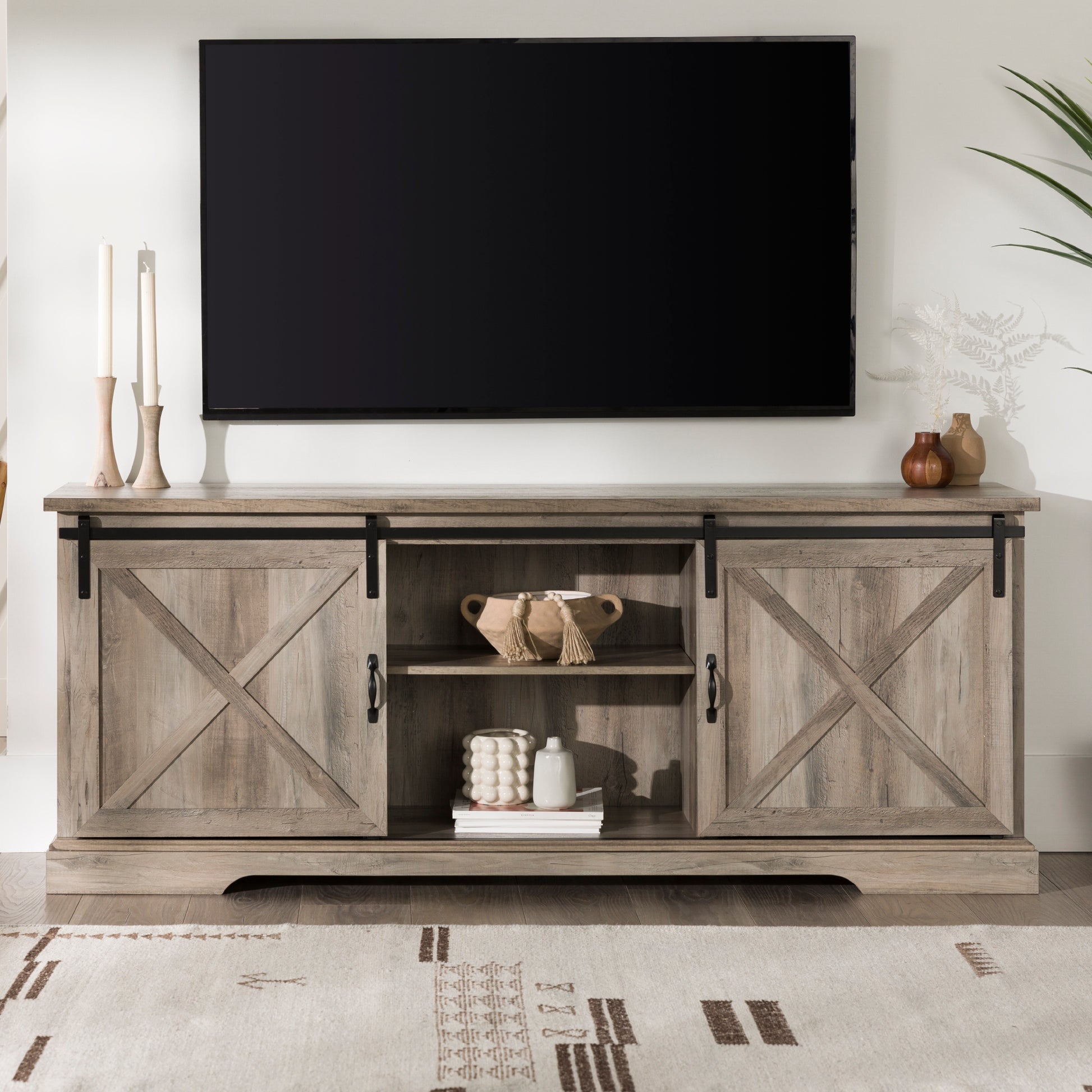 Farmhouse Sliding X Barn Door 70" Tv Stand For 80" Tvs Grey Wash Gray Wash Mdf