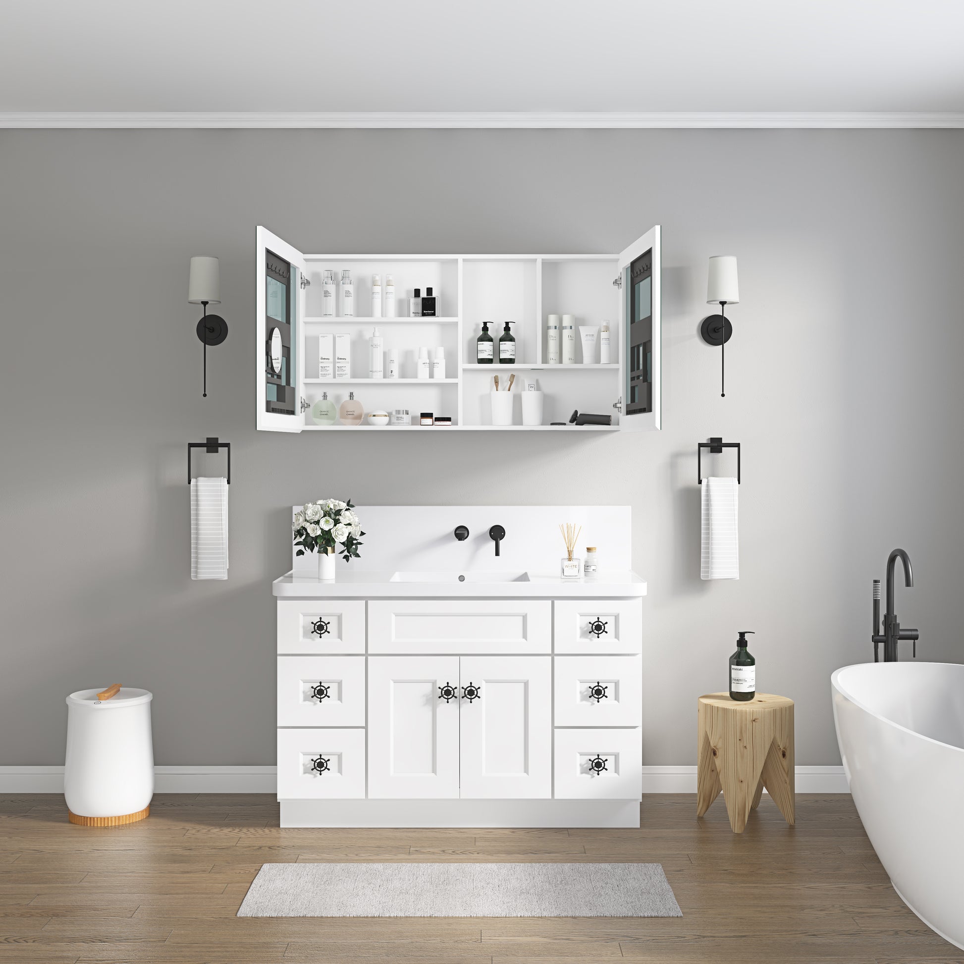 48'' W X 26'' H Surface Frameless Mirror Medicine Cabinet, Beveled Mirror Edges Bathroom Medicine Cabinet White Engineered Wood