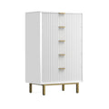 Beth 48 Inch 5 Drawer Tall Dresser Chest, White Mahogany Wood, Gold White Gold Wood