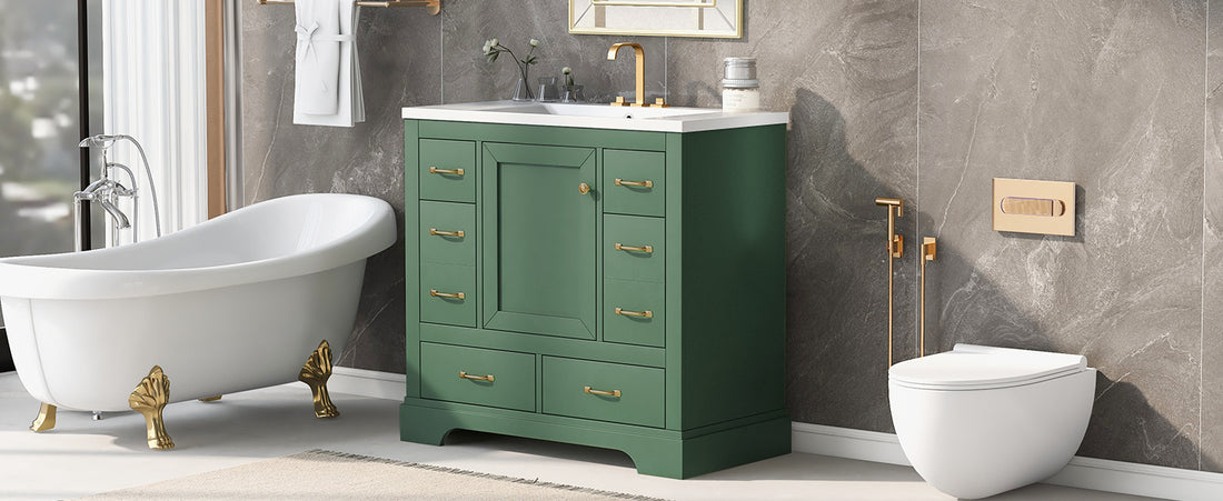 36" Bathroom Vanity With Sink Combo, Six Drawers, Multi Functional Drawer Divider, Adjustable Shelf, Green Old Sku:Sy999808Aaf Green Solid Wood Mdf