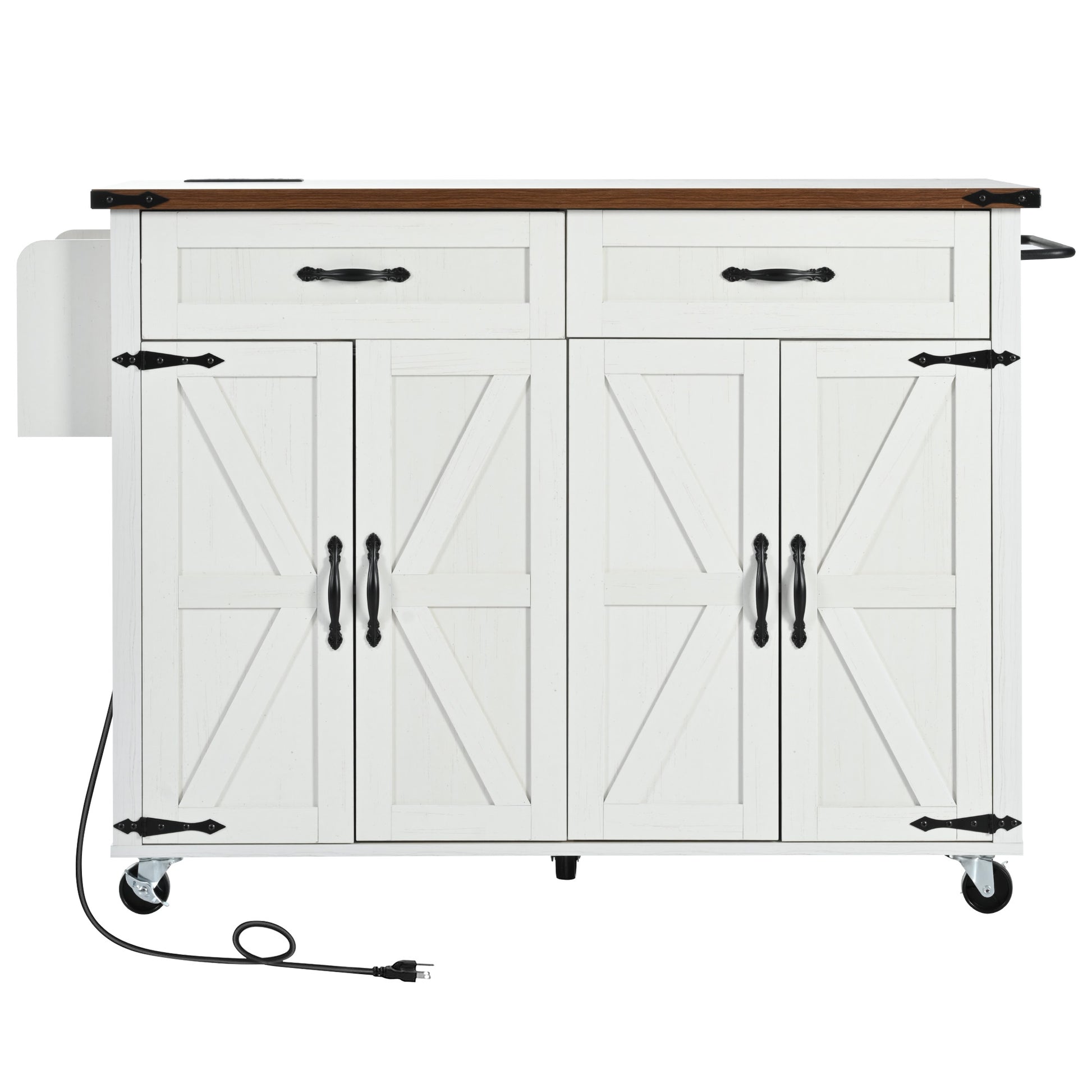 K&K 53.5''Farmhouse Kitchen Island With Power Outlet, Kitchen Storage Island With Drop Leaf, Spice Rack And Drawer, Rolling Kitchen Cart On Wheels, For Home, Kitchen And Dining Room, White White