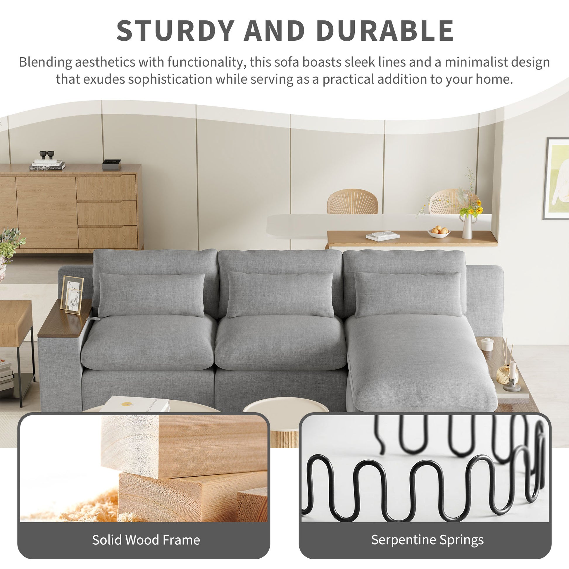 L Shaped Modular Sectional Sofa With Removable Back Cushions,3 Pillows And 2 Storage Spaces,Suitable For Living Rooms,Offices And Apartments Gray Polyester 3 Seat