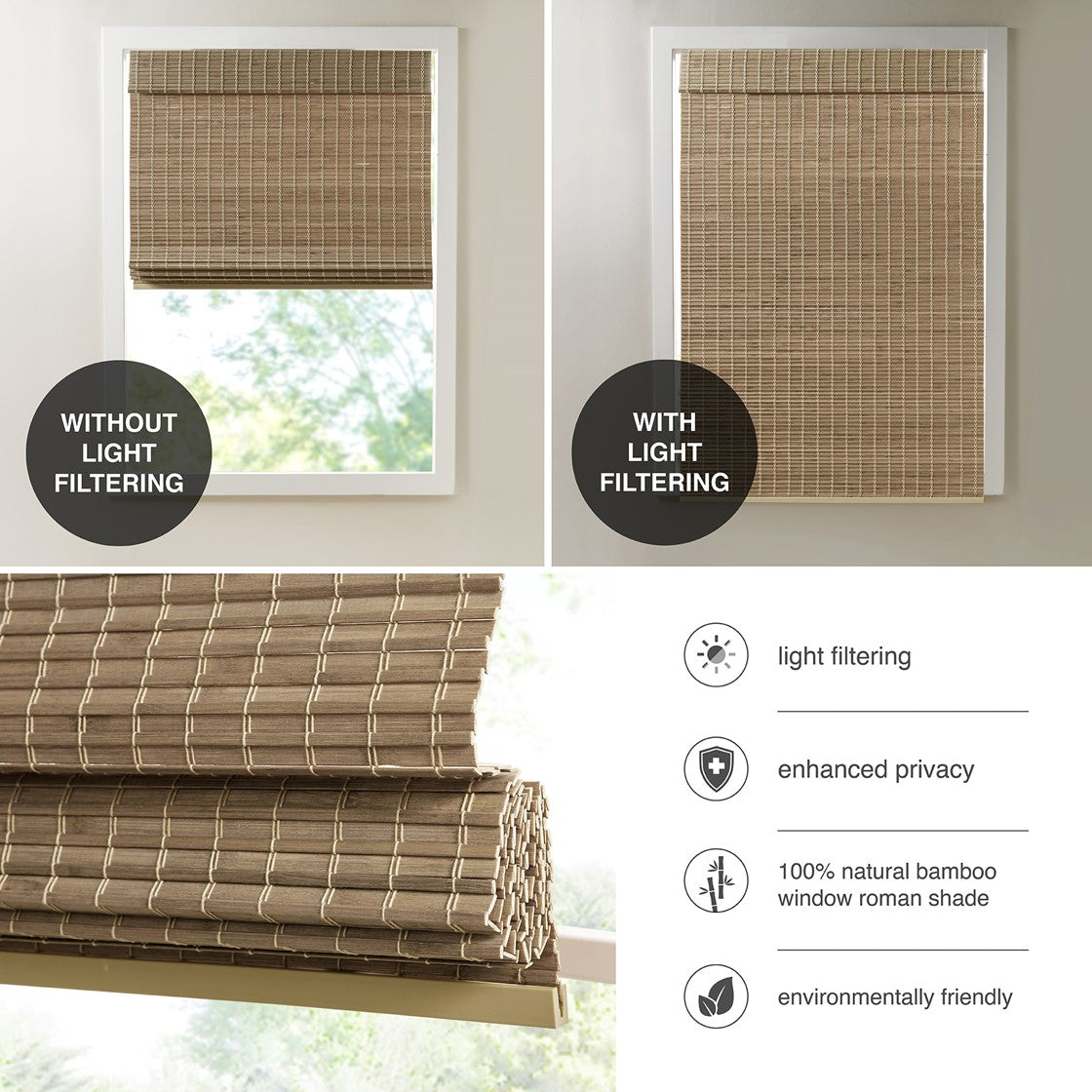 Bamboo Light Filtering Roman Shade 64"L Natural Ash Bamboo