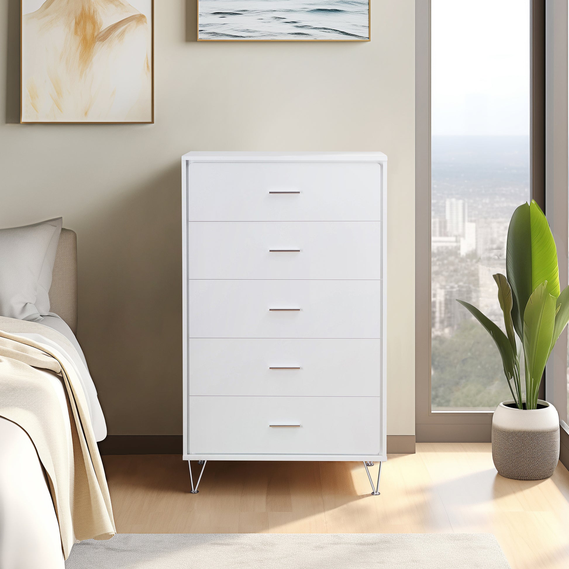 White 5 Drawer Chest With Single Handles White Bedroom Contemporary Particle Board Mdf