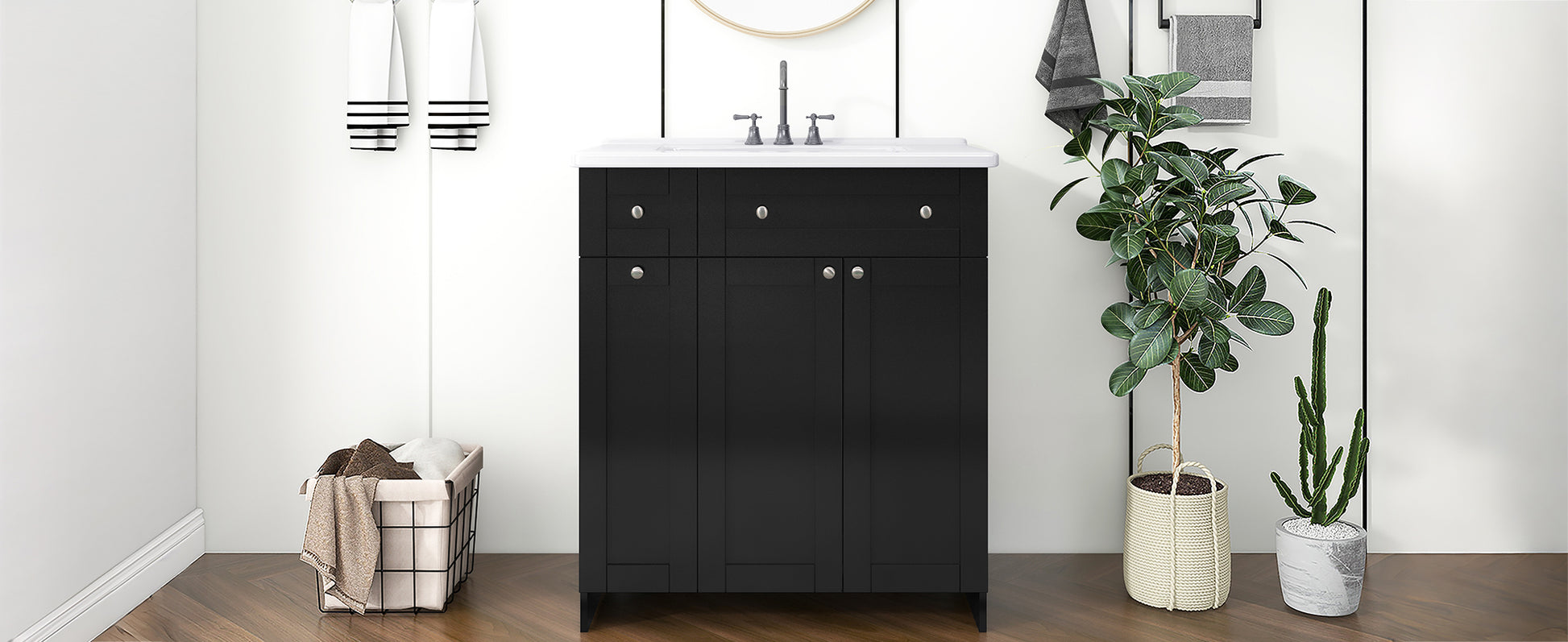 30 Inch Black Bathroom Vanity With Ceramic Sink Combo, Abundant Storage Cabinet 2 Soft Close Doors And Double Tier Deep Drawer Black Bathroom Mdf