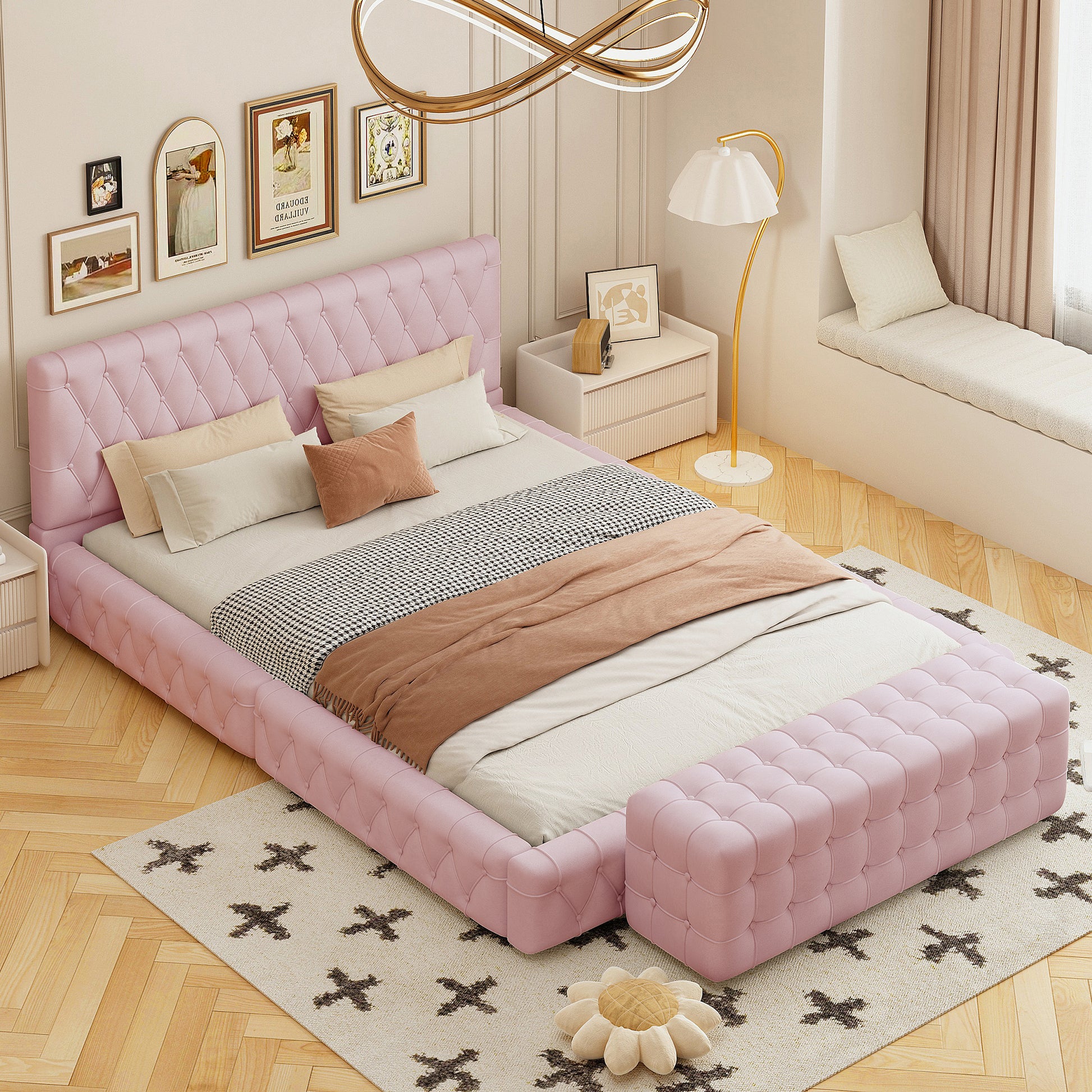 2 Pieces Bedroom Sets Queen Size Upholstered Bed With Rectangular Upholstered Ottoman For Bedroom,Pink Queen Pink 2 Piece Set Solid Wood Mdf