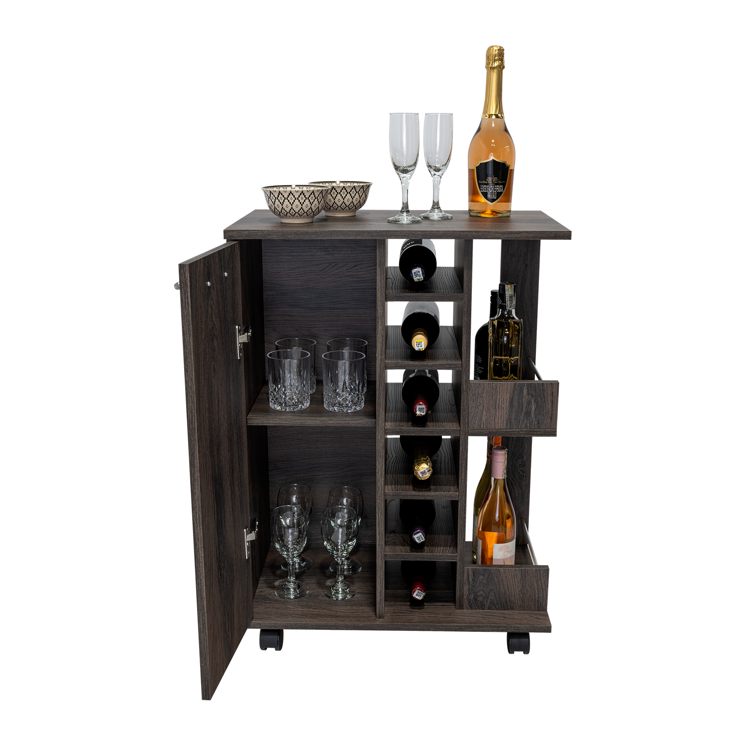 Bar Cart, Two External Shelves, Four Casters, Six Built In Wine Rack, Single Door Cabinet Espresso Brown Primary Living Space Particle Board Particle Board