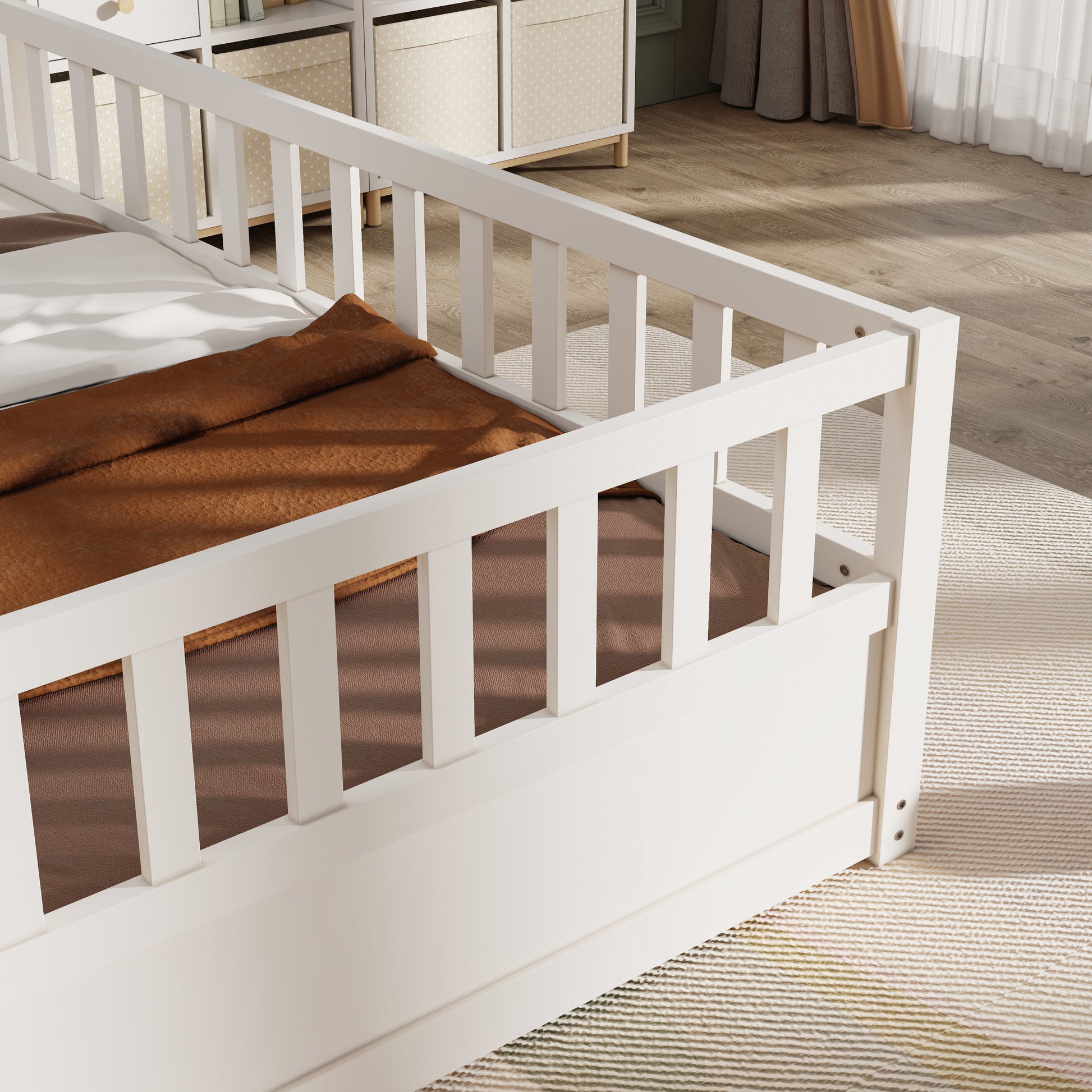 Twin Size Floor Bed, Integral Construction With Super High Security Barrier, Door, Children'S Floor Bed Frame, Montessori Wooden Children'S Floor Bed, White Box Spring Required Twin White Wood Brown Bedroom American Design,Artsy Pine Bed Frame Pine