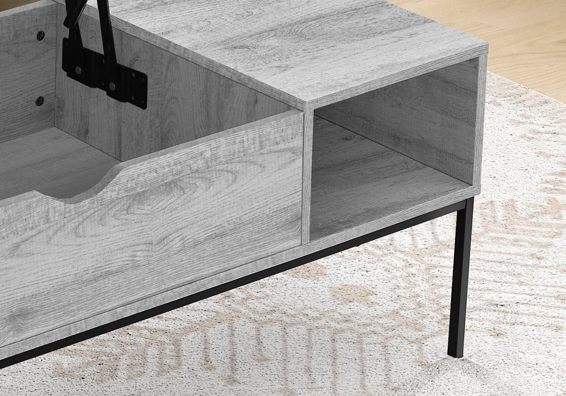 Coffee Table, 42" L, Rectangular, Cocktail, Lift Top, Grey, Black Metal, Contemporary, Modern Grey Particle Board