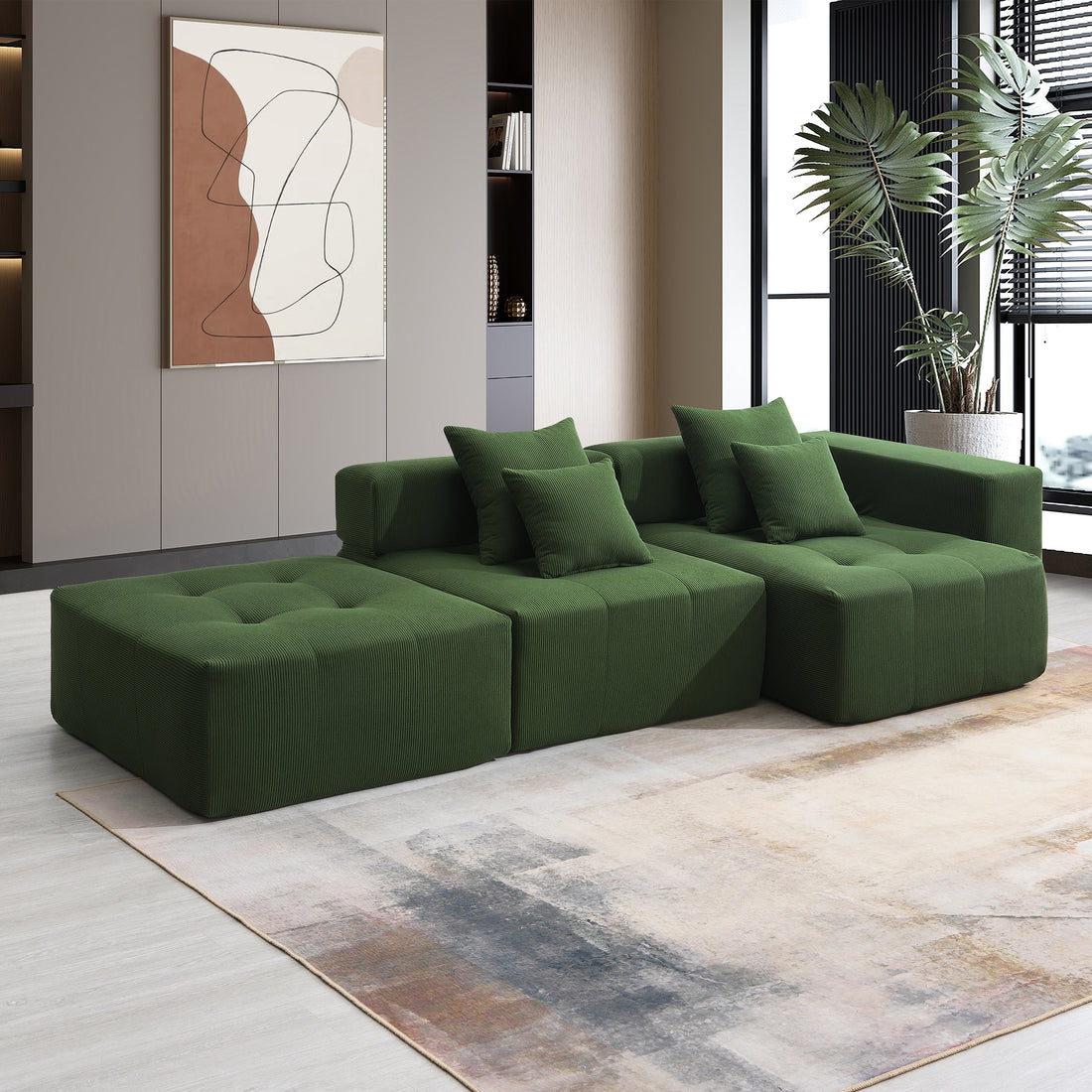 105.5'' L Shaped Modular Sectional Sofa,Minimalist Corduroy Floor Couch Set,Convertible Foam Filled Cloud Couch For Living Room,3 Pc Free Combination,No Assembly Required,3 Colors Green Corduroy 4 Seat