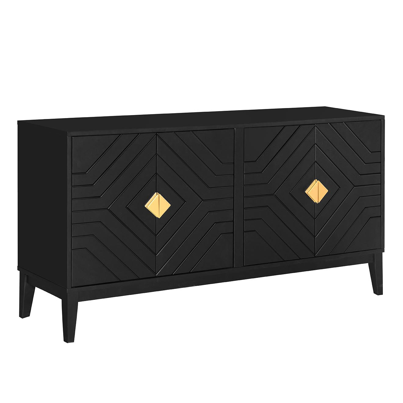 4 Door Sideboard Storage Cabinet For Living Room And Dining Room, Two Large Cabinets With Gold Handles And Adjustable Shelf, Black Black Rubberwood Solid Wood Mdf