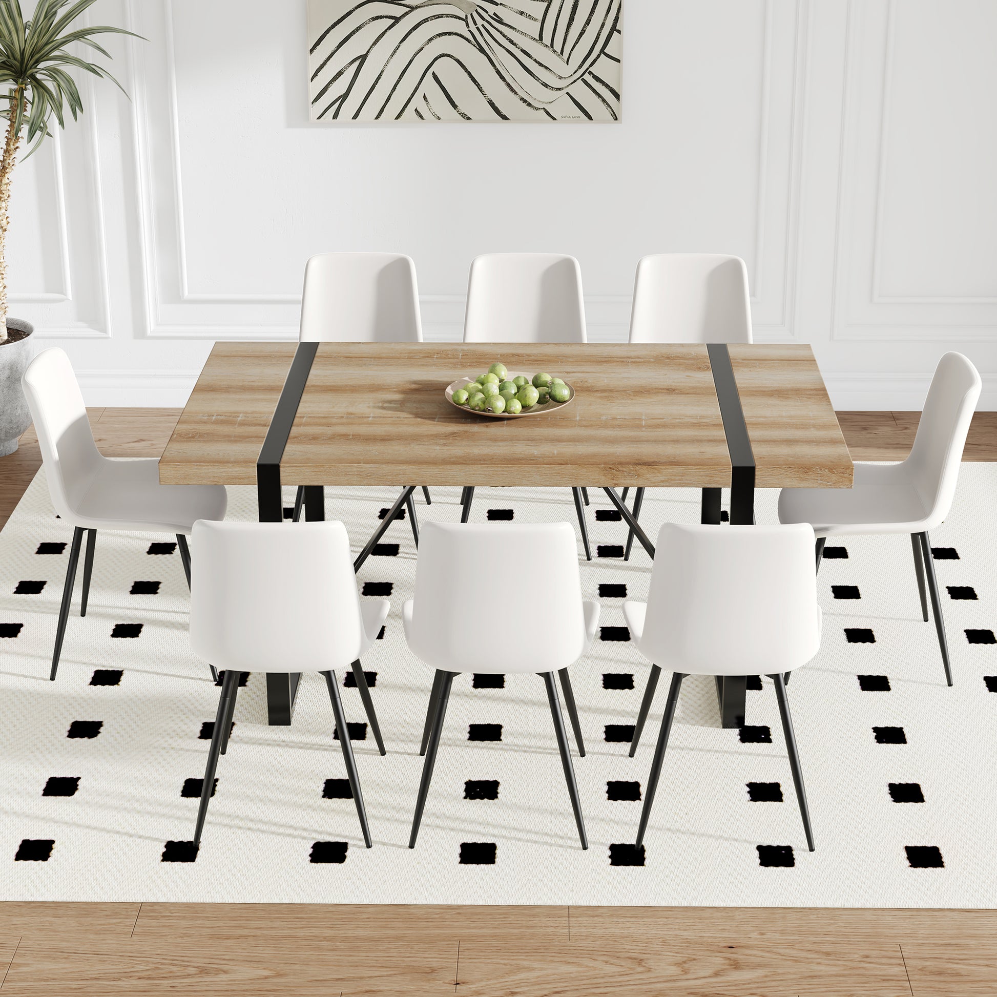 Table And Chair Set, Textured Top In Vintage Wood Color, Black Metal Legs. Dining Chair With White Faux Leather Backrest Cushion With Black Metal Legs. Wood Seats 8 Mdf Metal